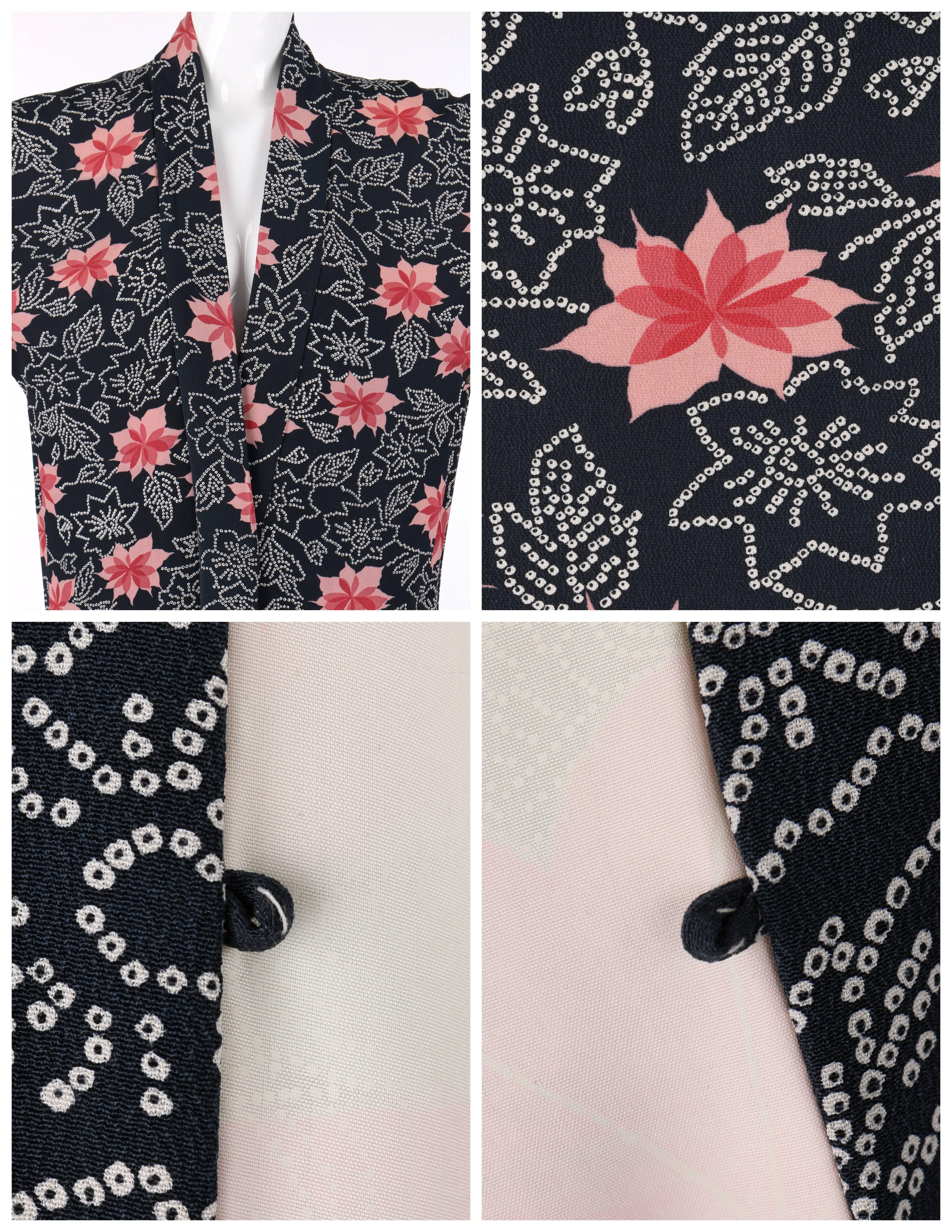 Couture c.1940's Midnight Blue Pink Floral Print Rayon Crepe Haori Kimono Jacket 1