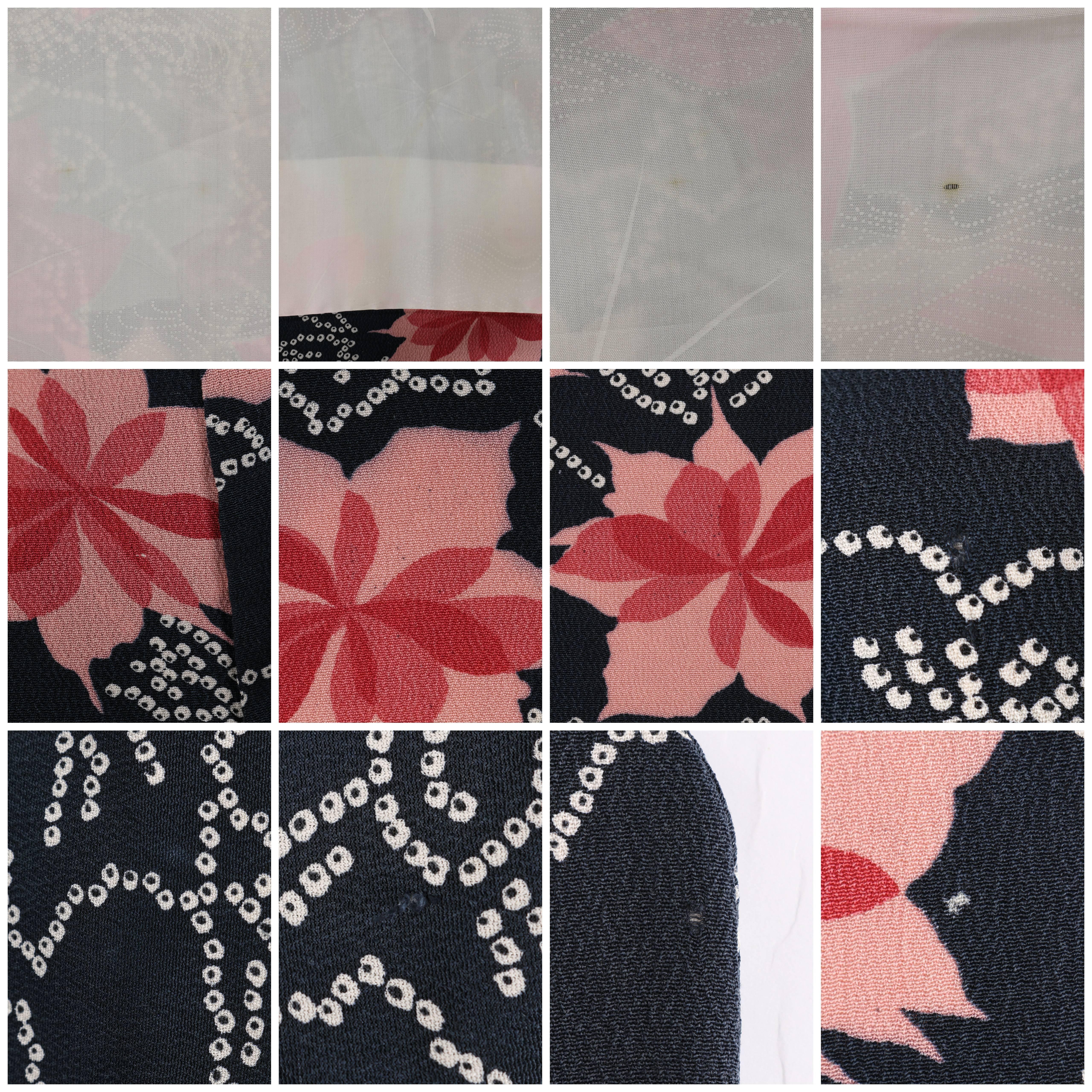 Couture c.1940's Midnight Blue Pink Floral Print Rayon Crepe Haori Kimono Jacket 2