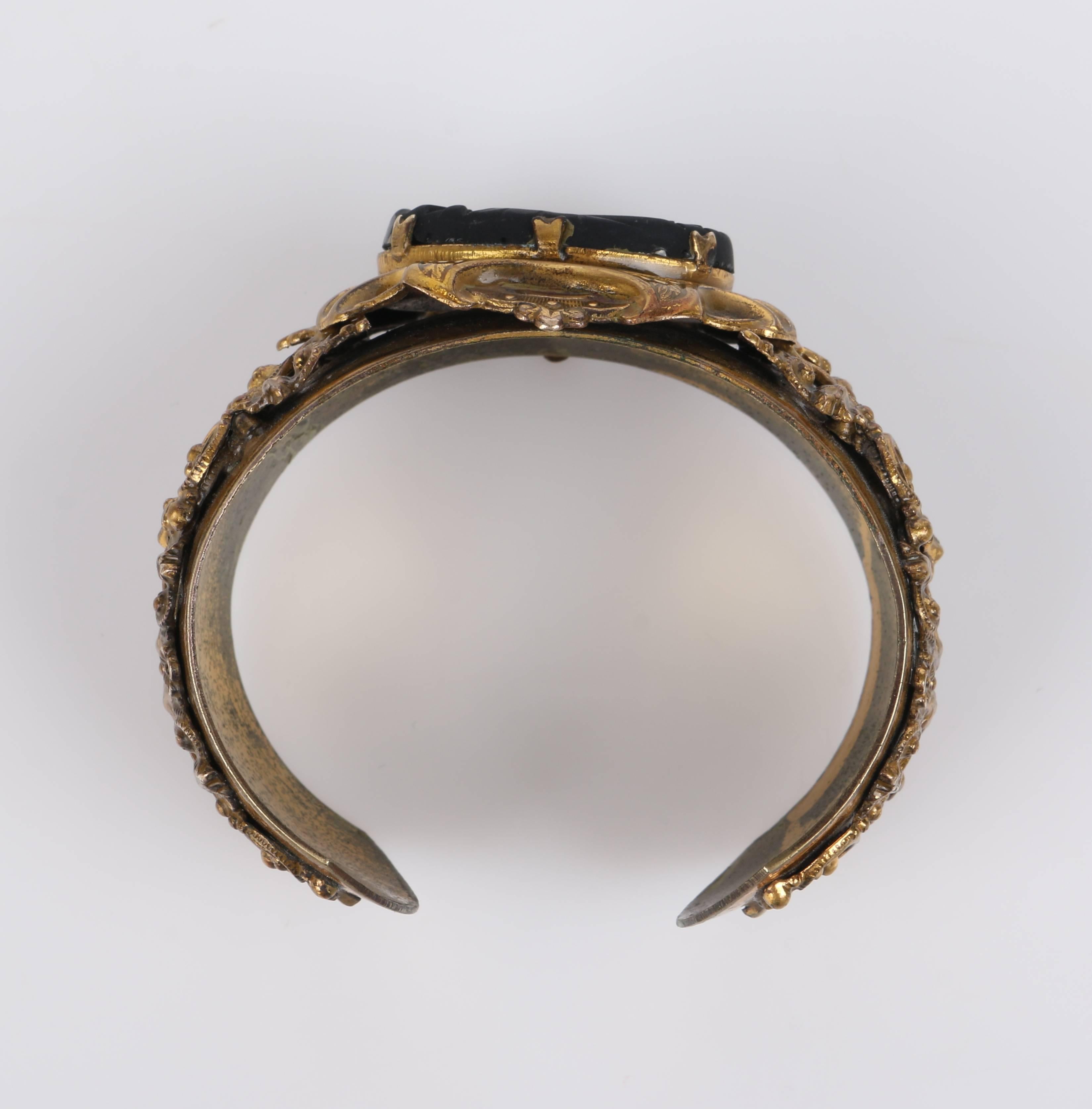 VICTORIAN REVIVAL c.1930's Brass Filigree Carved Black Onxy Cuff Bracelet 2
