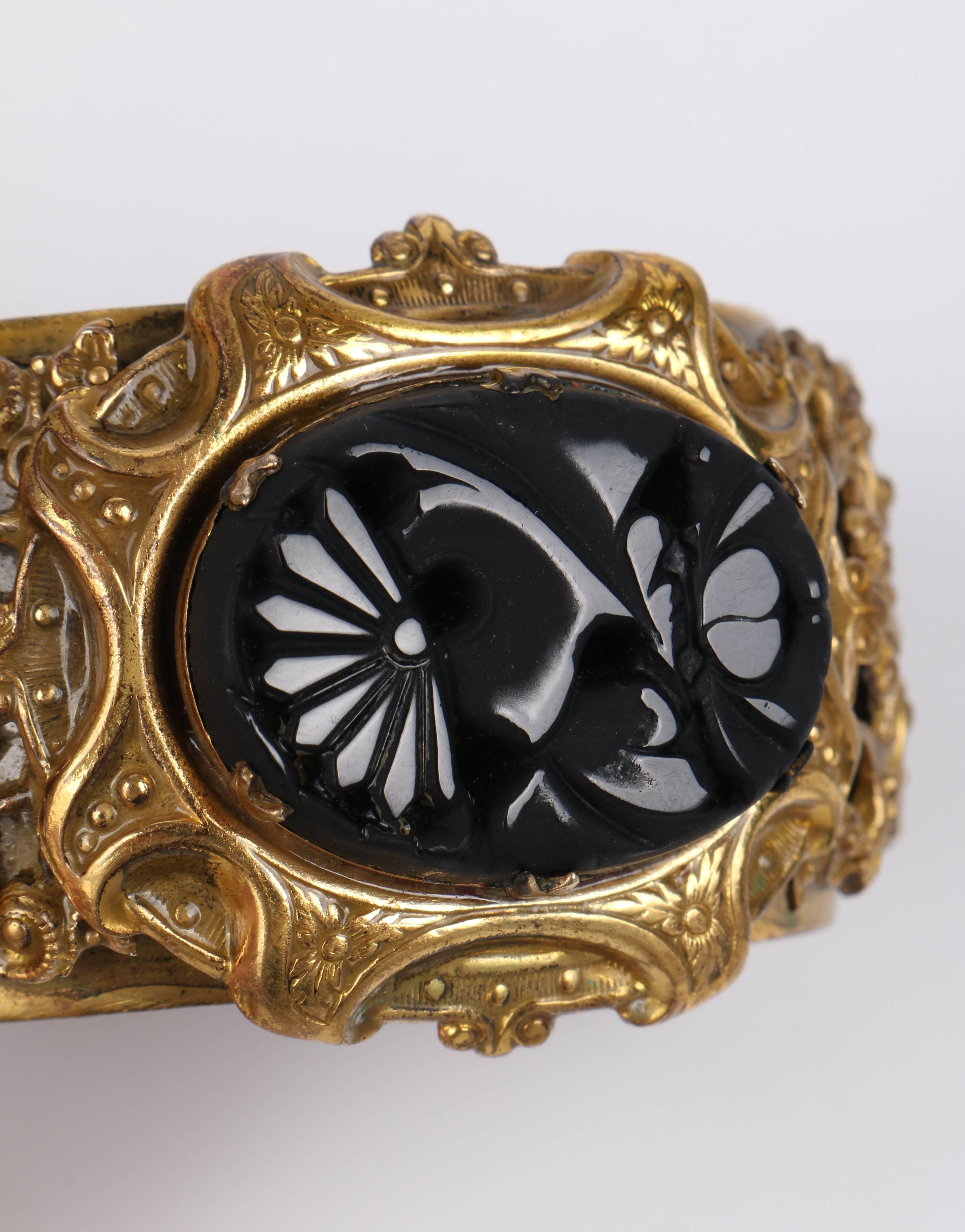 VICTORIAN REVIVAL c.1930's Brass Filigree Carved Black Onxy Cuff Bracelet 5