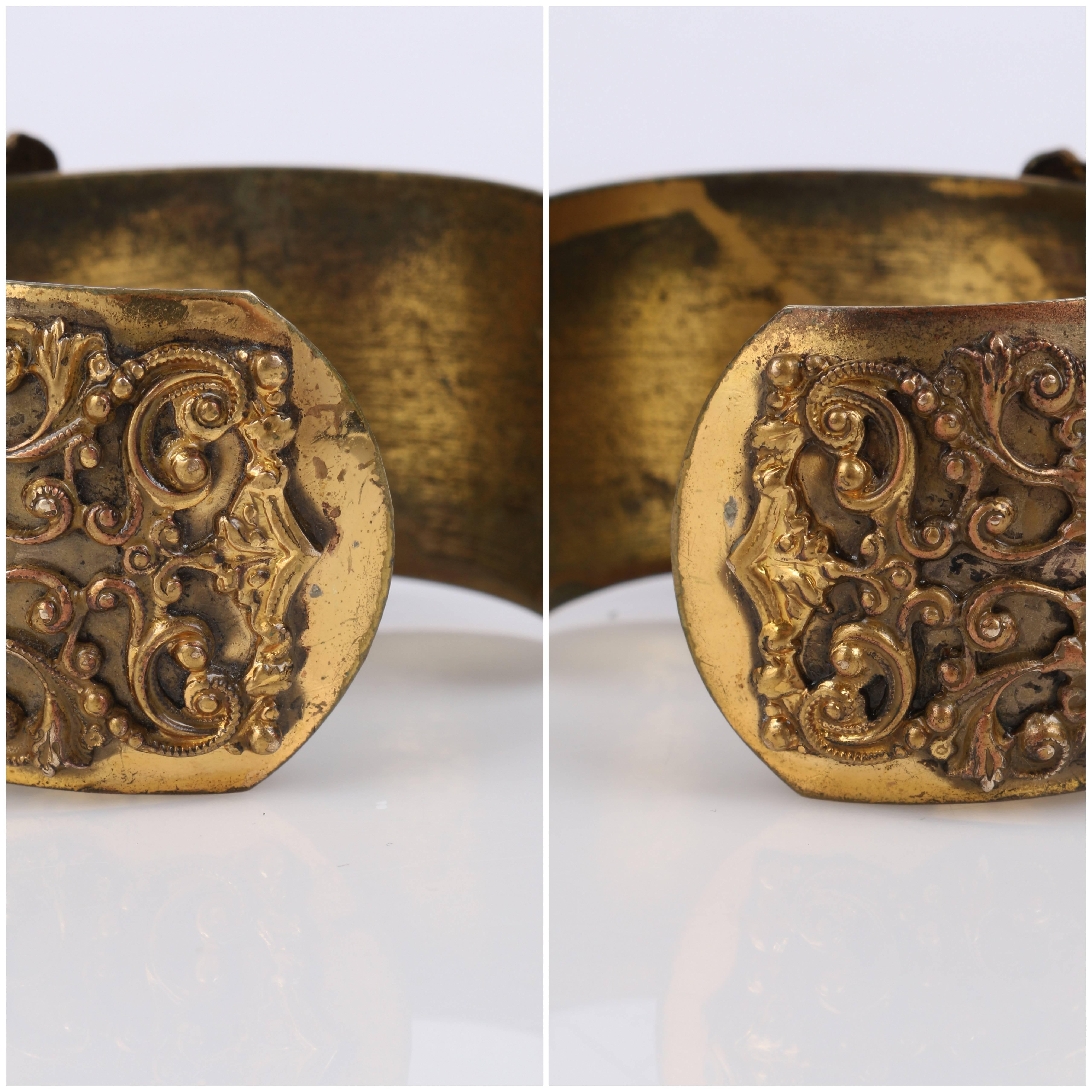 VICTORIAN REVIVAL c.1930's Brass Filigree Carved Black Onxy Cuff Bracelet 6