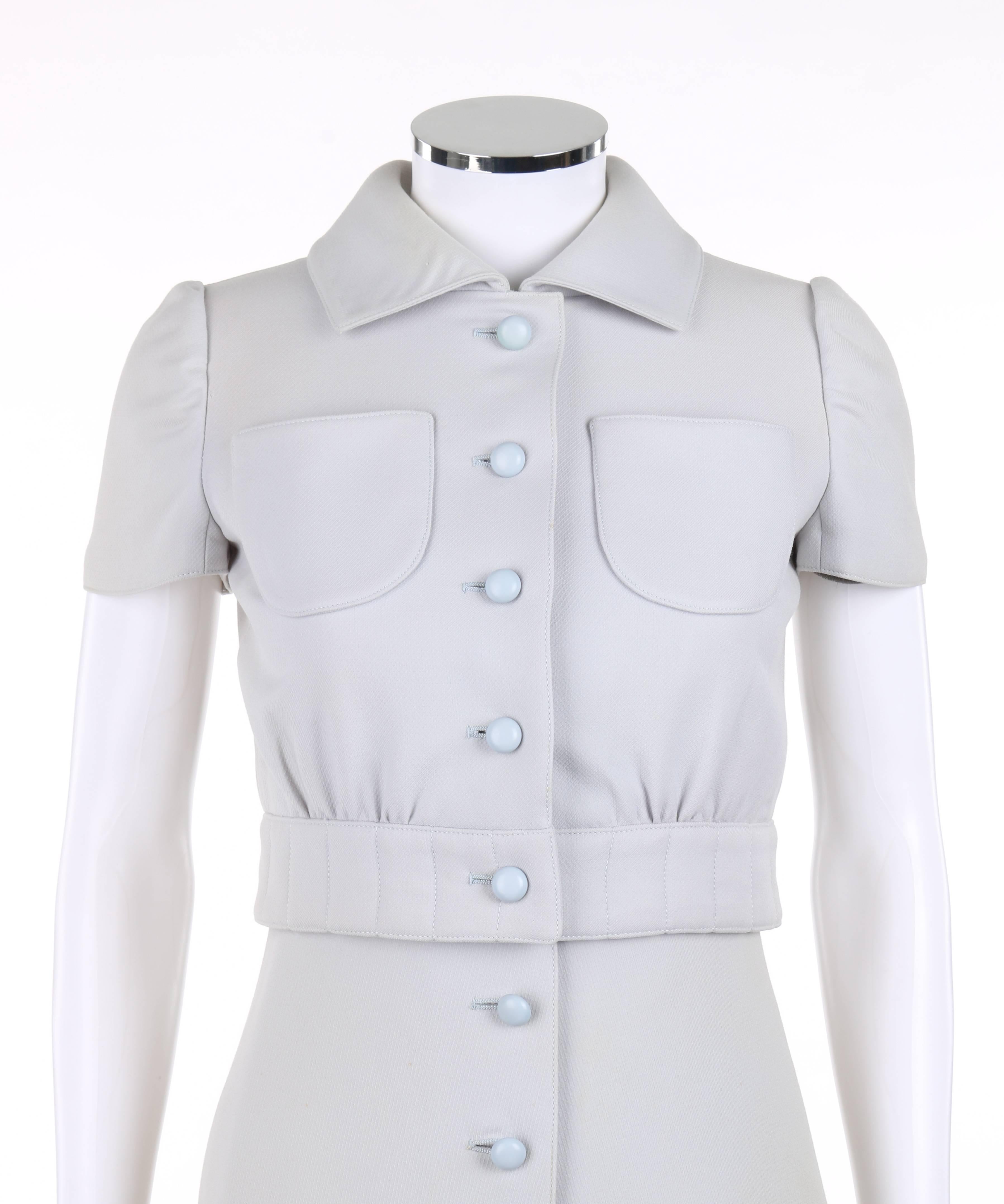 COURREGES Couture Future c.1968 2 Pc Light Blue Wool Jacket A-Line Dress Suit  In Good Condition In Thiensville, WI