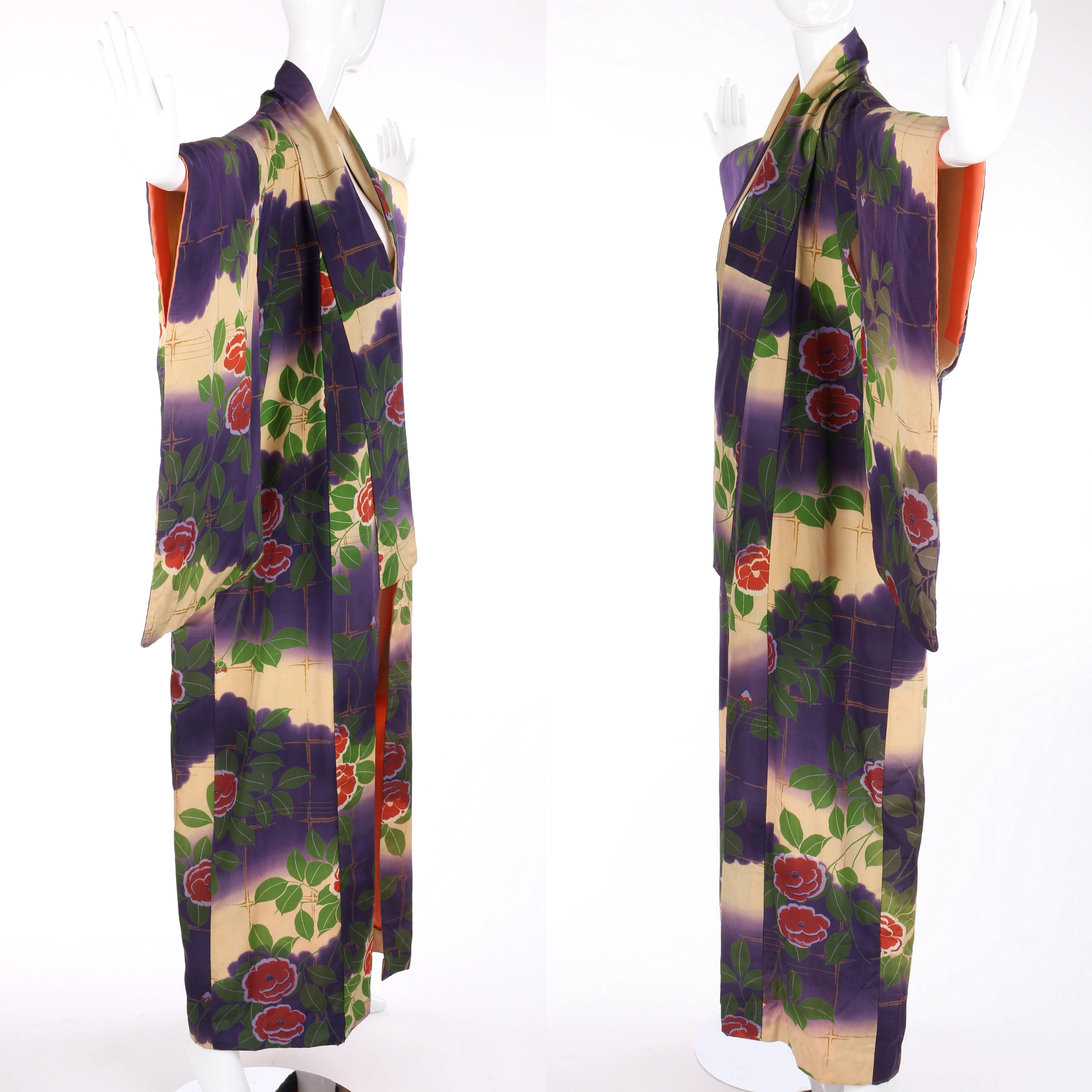 Black Couture c.1920's Multicolor Floral Print Silk Kimono