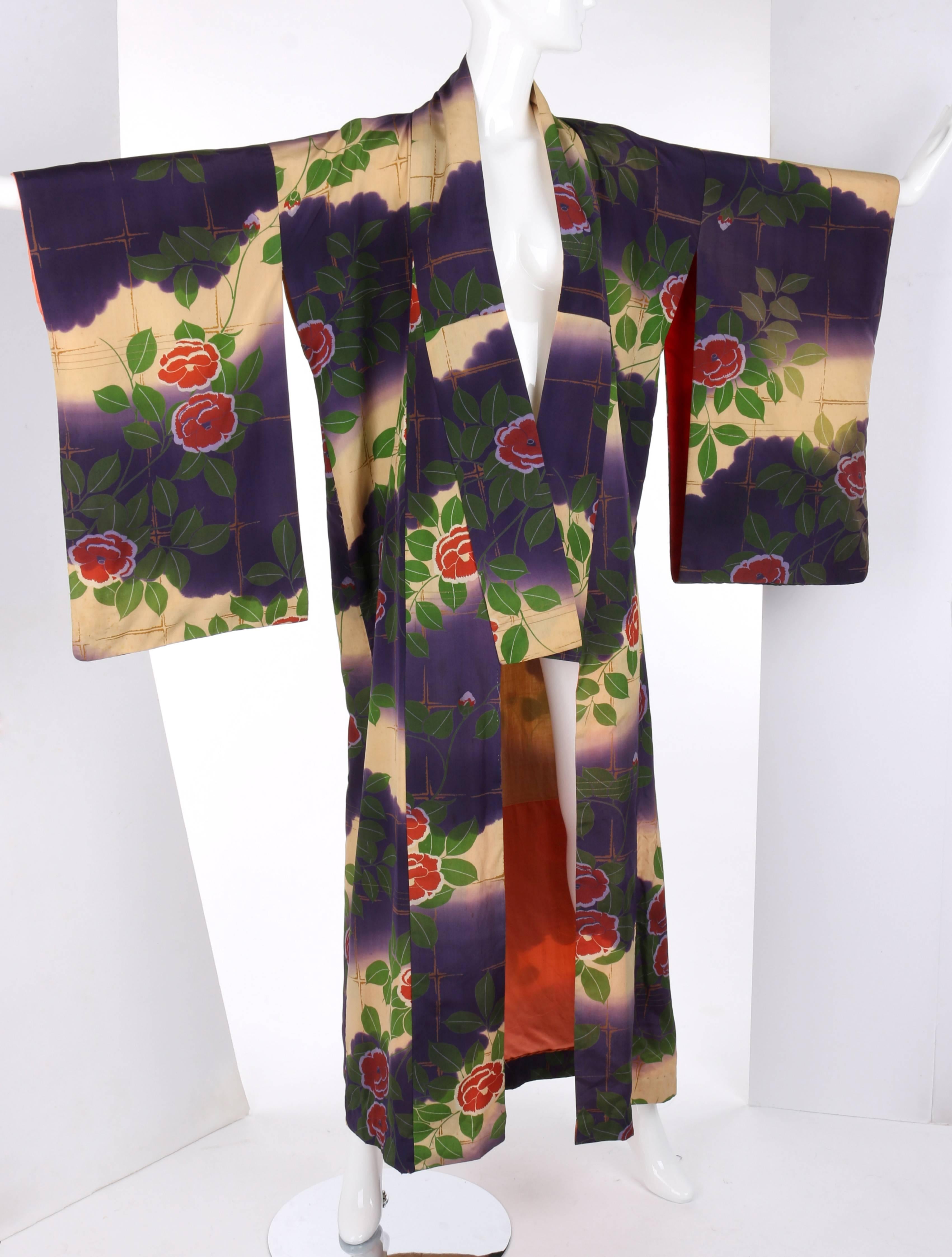 Vintage One-of-a-kind c.1920's silk kimono. Red all over floral print on cream and purple with gold painterly windowpane motif. Full kimono sleeves. Open front. Matching eri collar. Fully lined in cotton and silk. Unmarked Fabric Content: Silk and