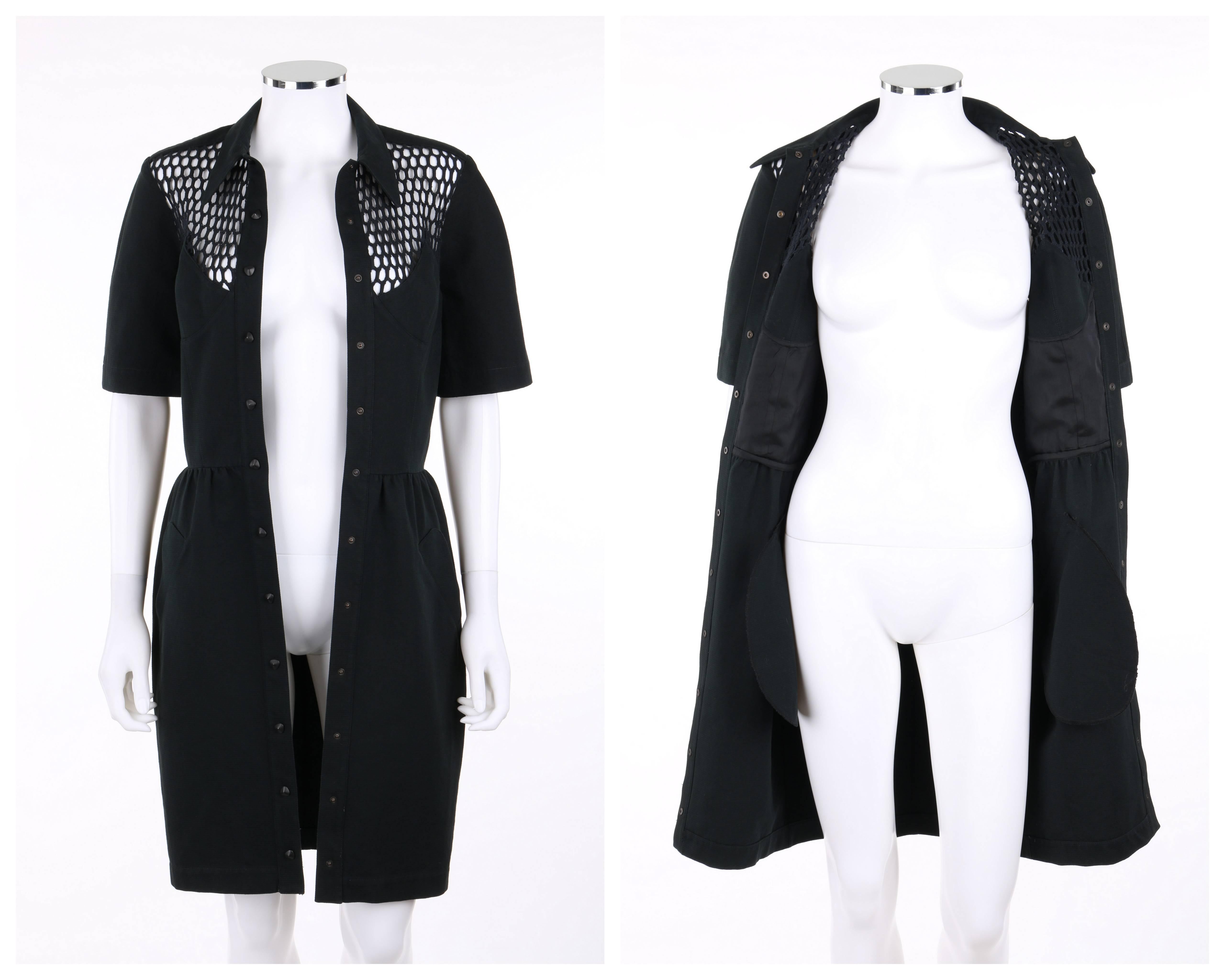 THIERRY MUGLER S/S 1985 Black Cotton Button Front Illusion Shirt Dress 1