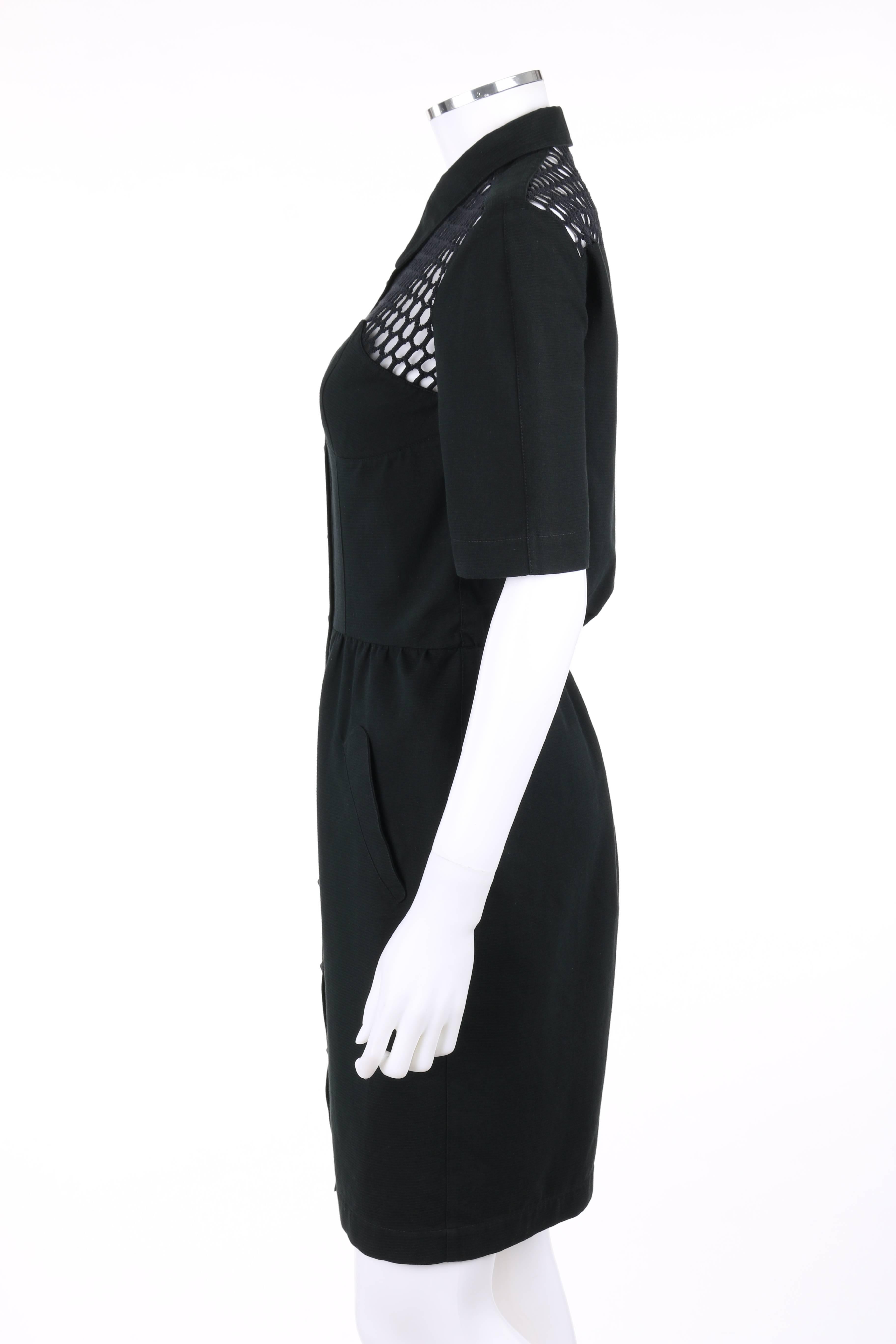 THIERRY MUGLER S/S 1985 Black Cotton Button Front Illusion Shirt Dress In Good Condition In Thiensville, WI