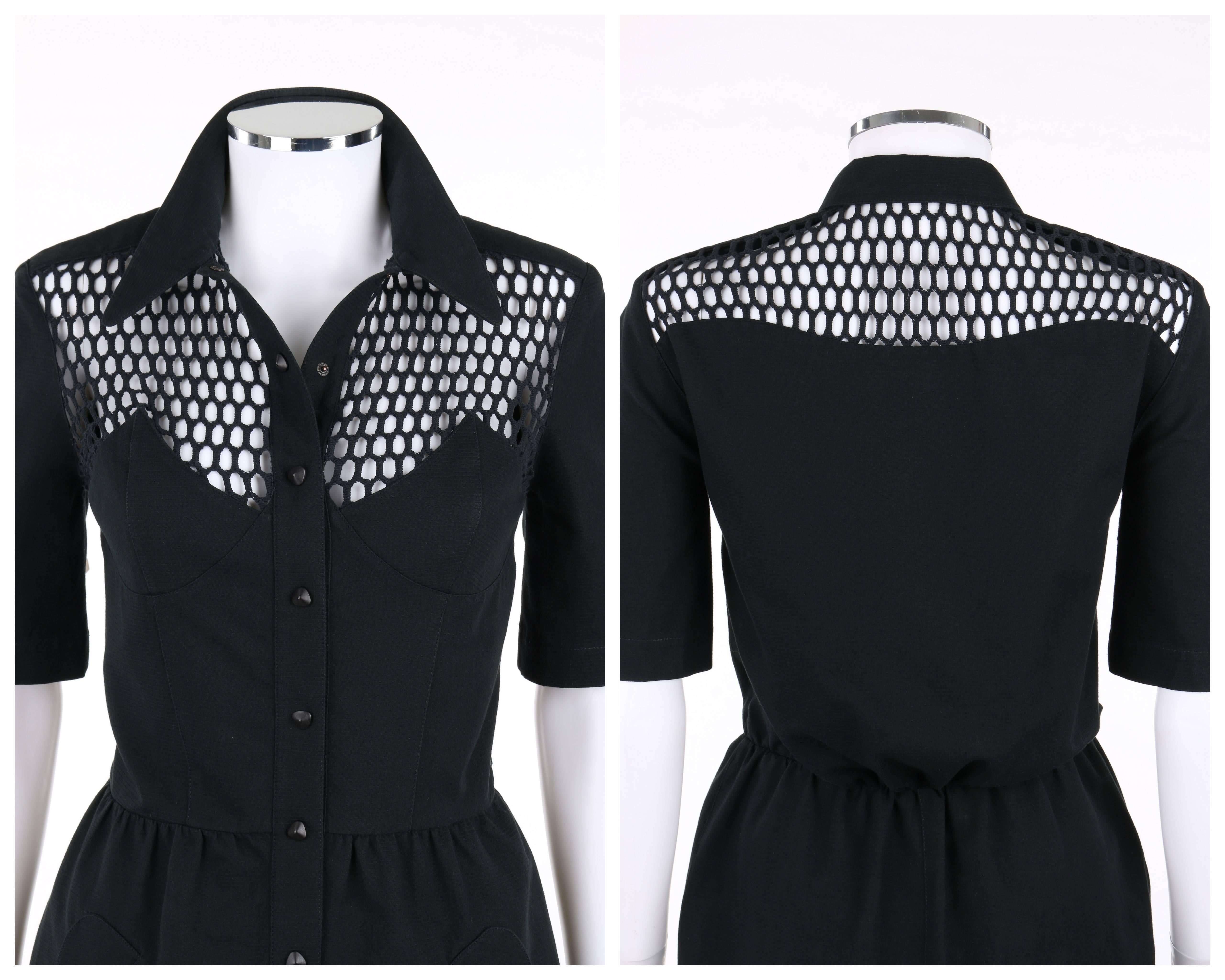 Women's THIERRY MUGLER S/S 1985 Black Cotton Button Front Illusion Shirt Dress