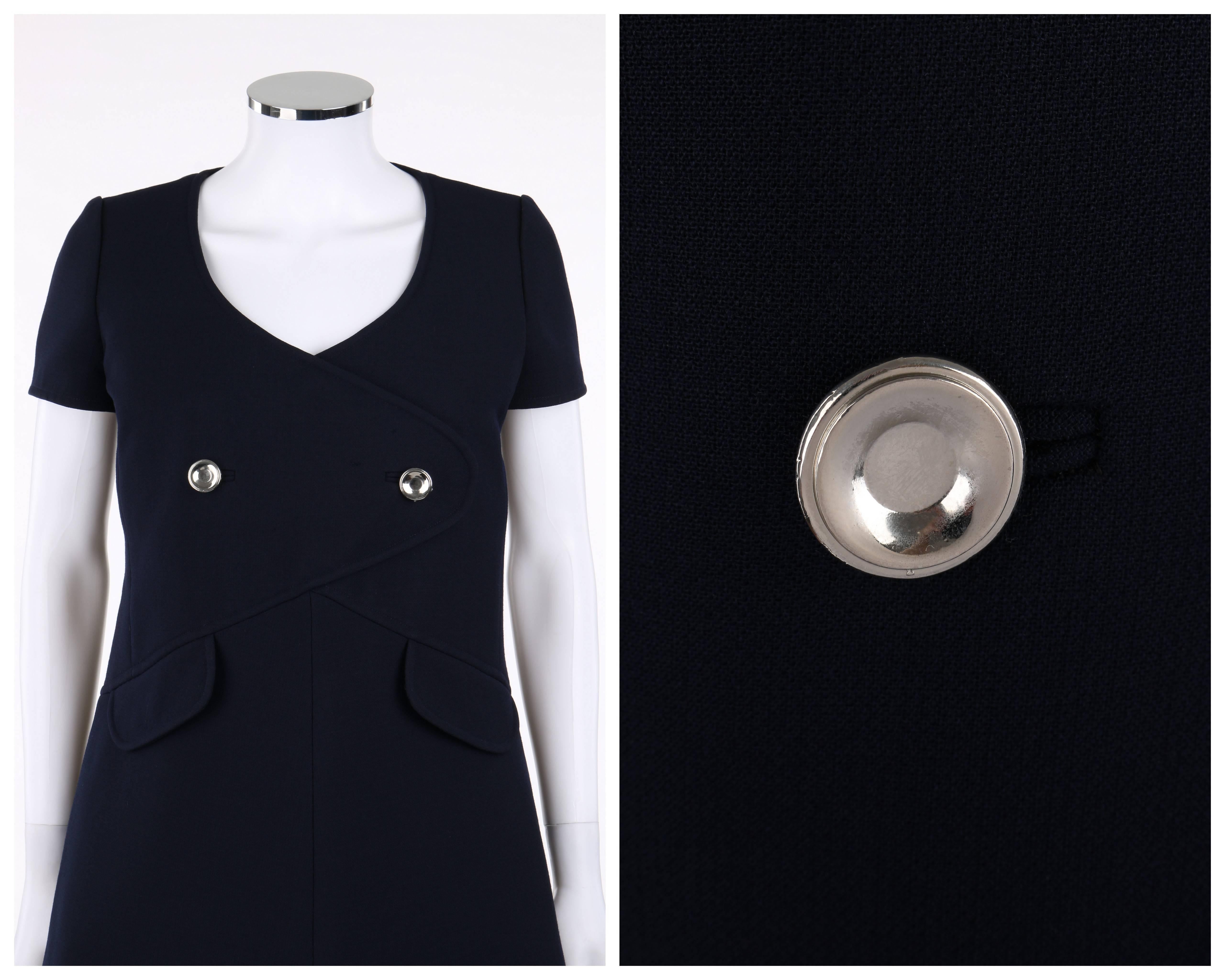 Black COURREGES Paris c.1960's Navy Blue Wool Mod A-Line Dress For Sale