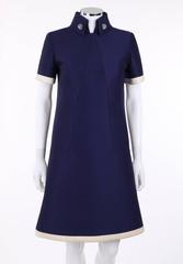 JEAN PATOU c.1960's KARL LAGERFELD Blue Wool A-Line Shift Dress Crystal Detail