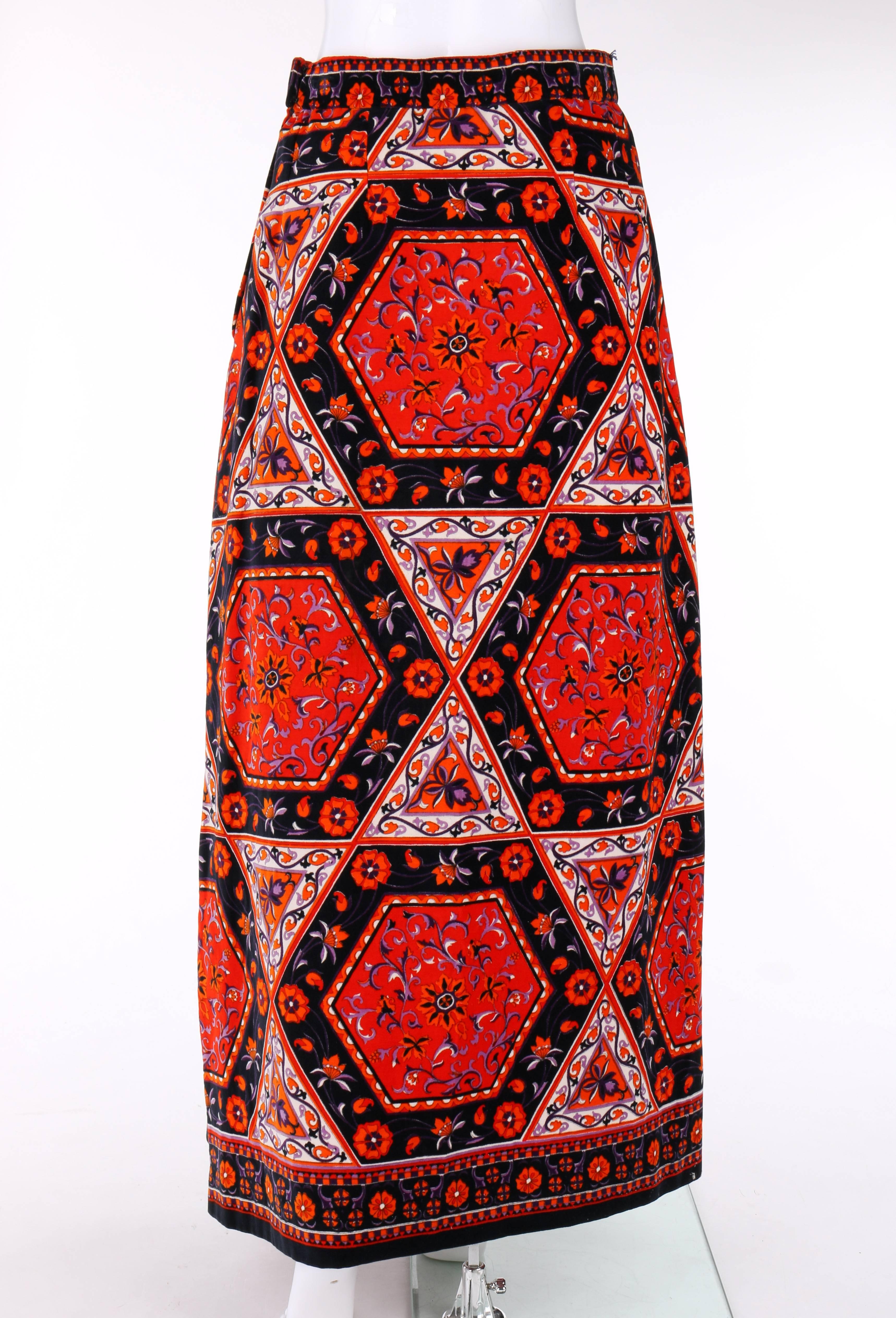 Red MR. DINO c.1970's Multicolor Floral Geometric Print Velvet Maxi Skirt