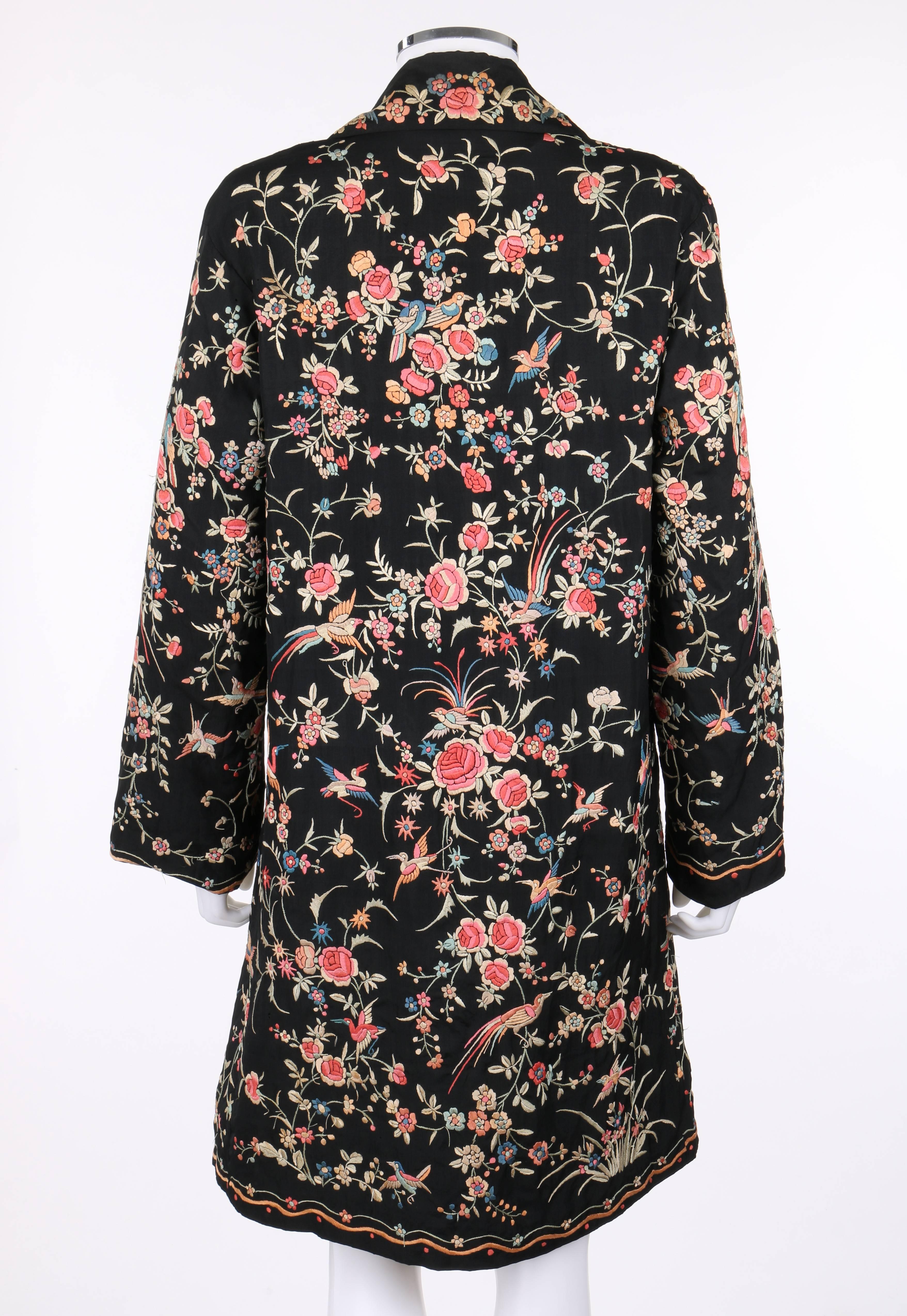 COUTURE c.1920's Black Silk Multicolored Chinese Floral Hand Embroidered Jacket 1
