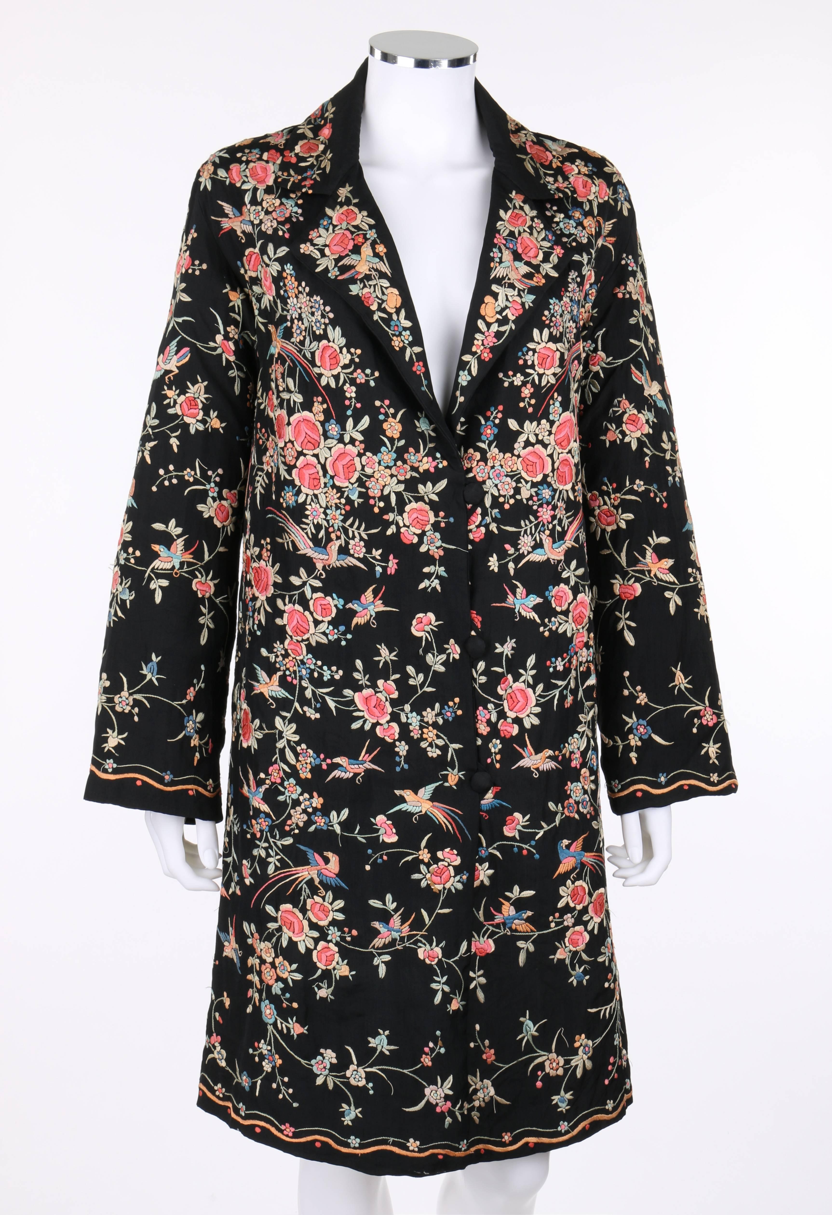 COUTURE c.1920's Black Silk Multicolored Chinese Floral Hand Embroidered Jacket In Excellent Condition In Thiensville, WI