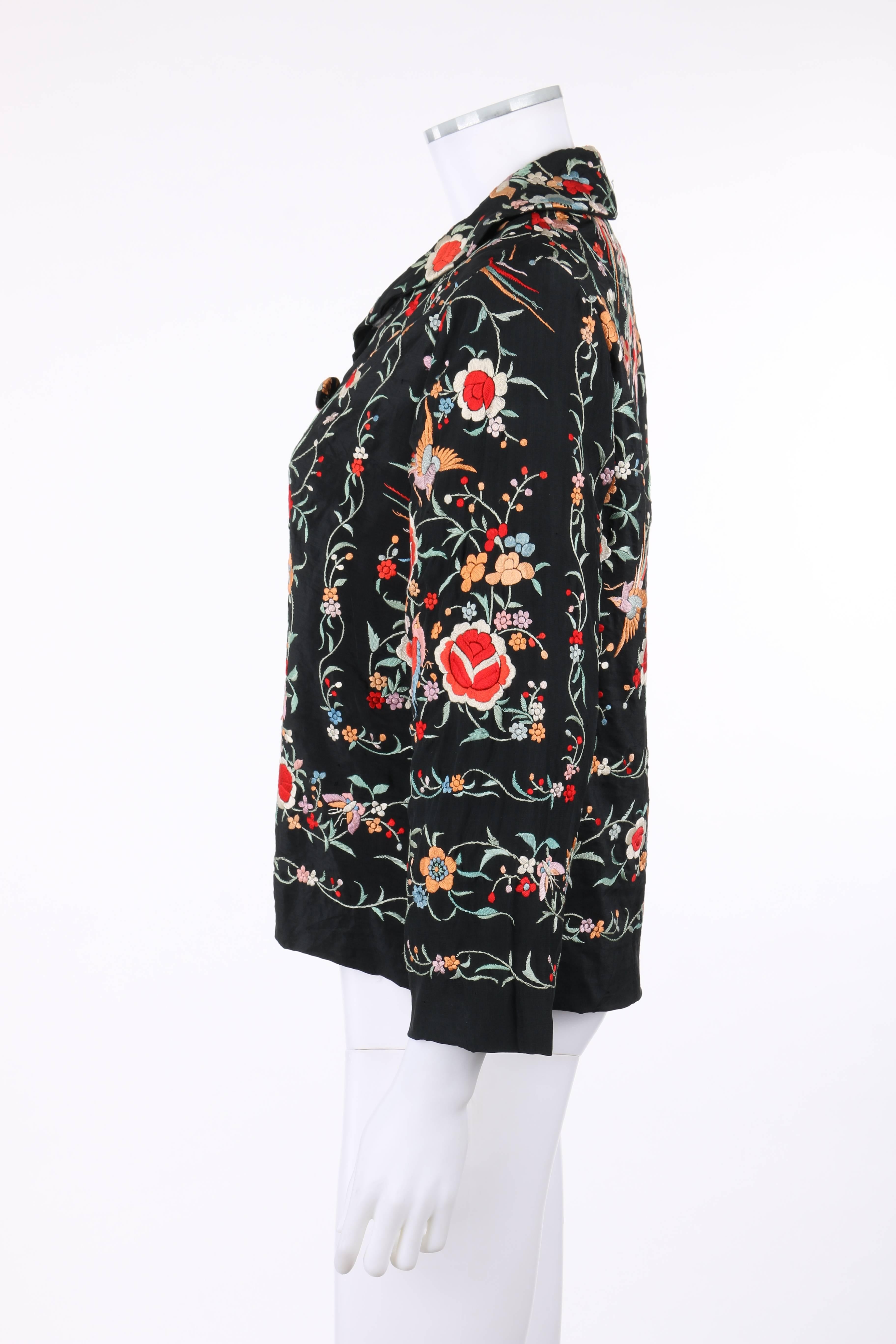 COUTURE c.1920's Black Silk Multicolor Chinese Floral Embroidered Jacket In Excellent Condition In Thiensville, WI