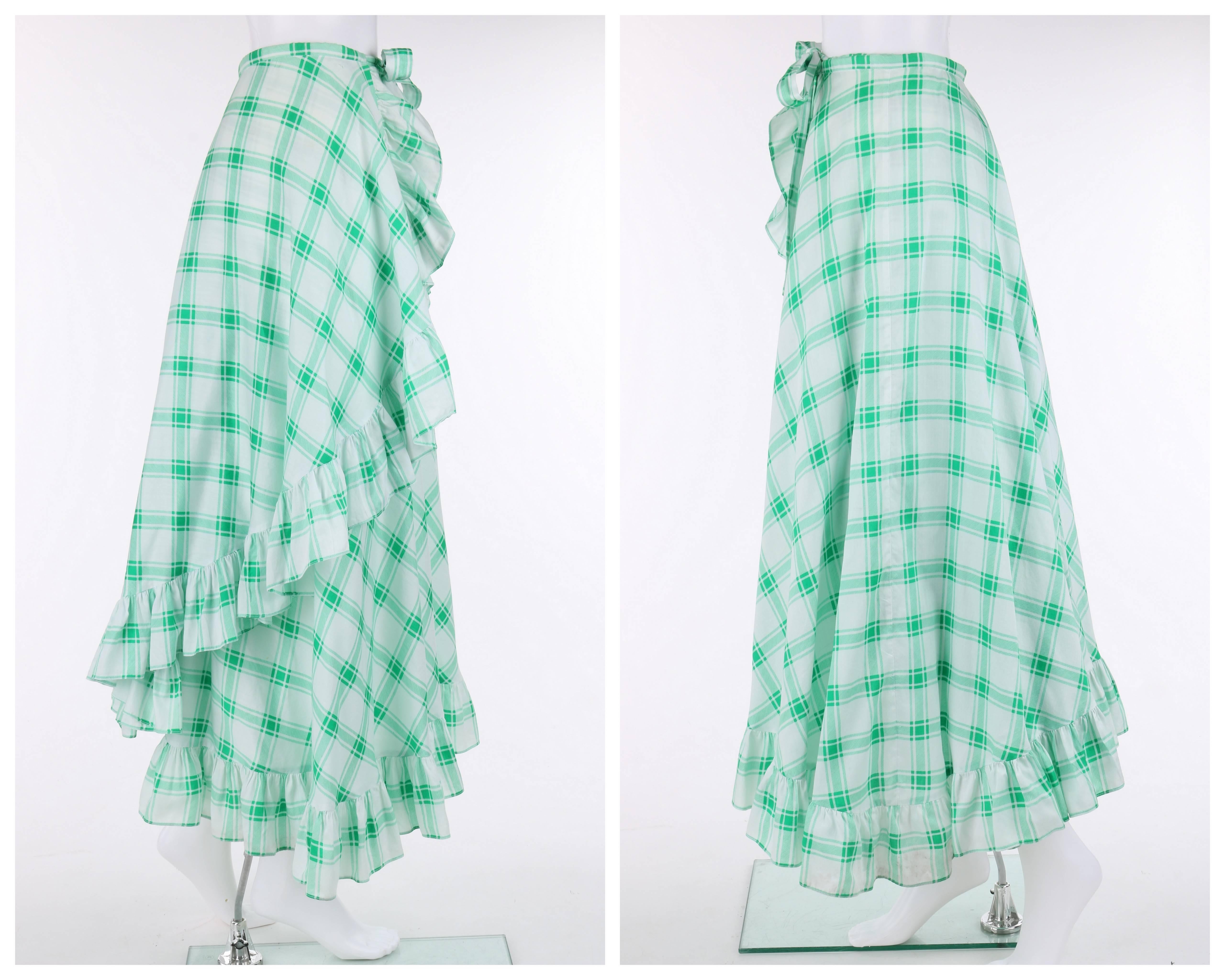 YVES SAINT LAURENT S/S 1978 YSL 2 Pc Green Plaid Peasant Blouse Wrap Skirt Set In Excellent Condition In Thiensville, WI