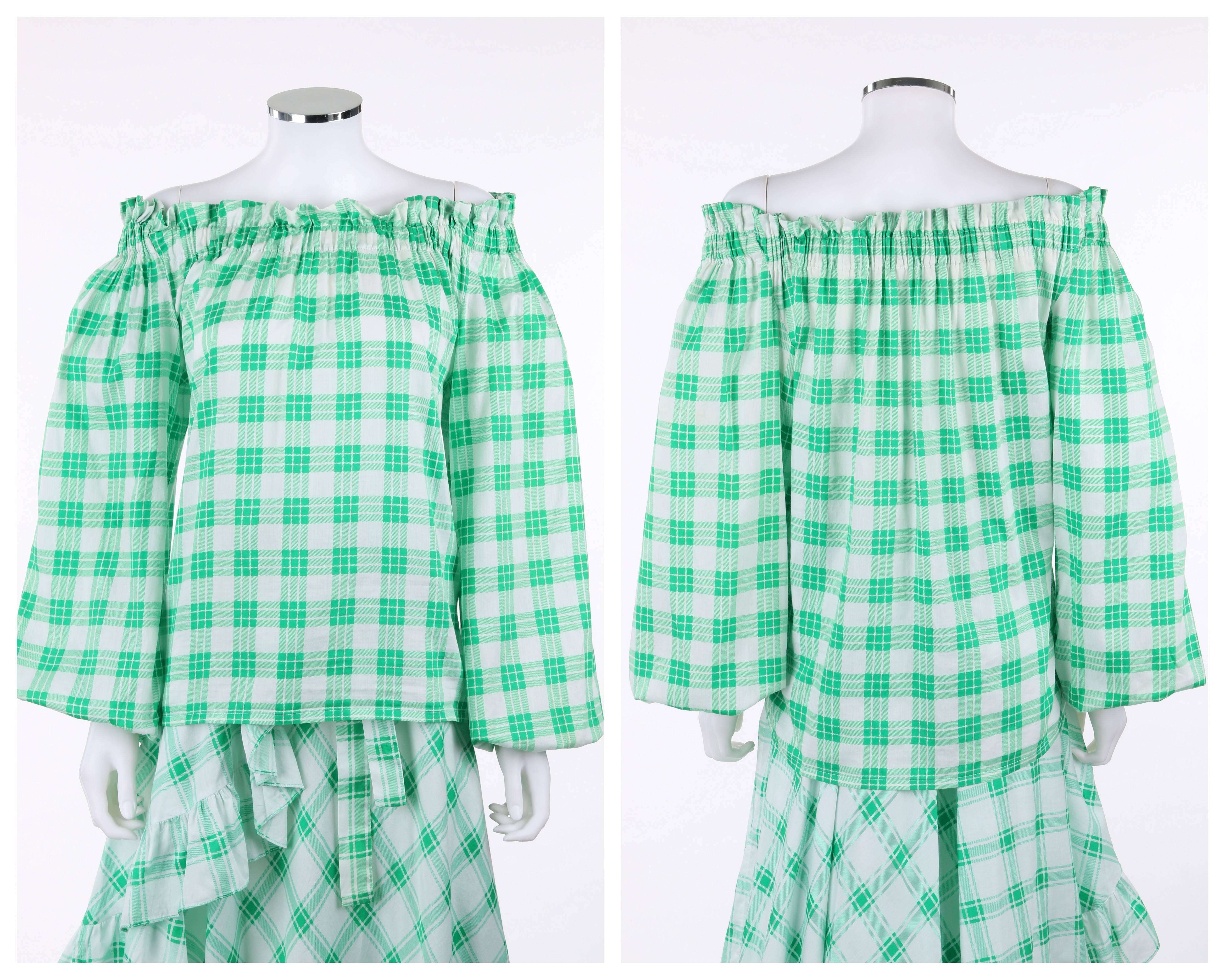 Vintage Yves Saint Laurent YSL Spring / Summer 1978 two piece peasant blouse and wrap skirt dress set. Green and white cotton plaid peasant blouse. Gathered elastic off-shoulder neckline. Long peasant sleeves with gathered elastic cuff. Matching