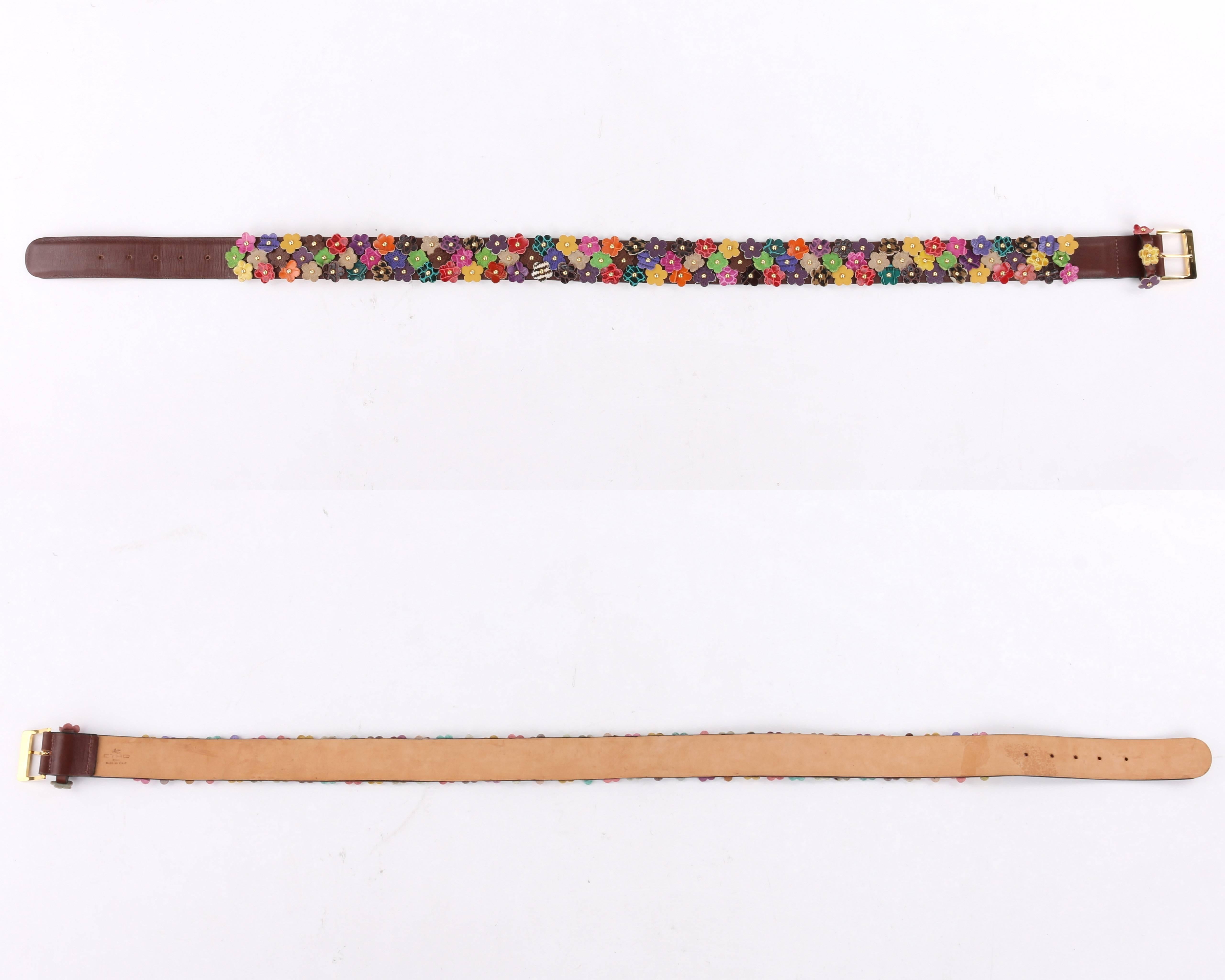 ETRO Milano Multicolor Floral Alligator Studded Leather 3D Belt In Excellent Condition In Thiensville, WI