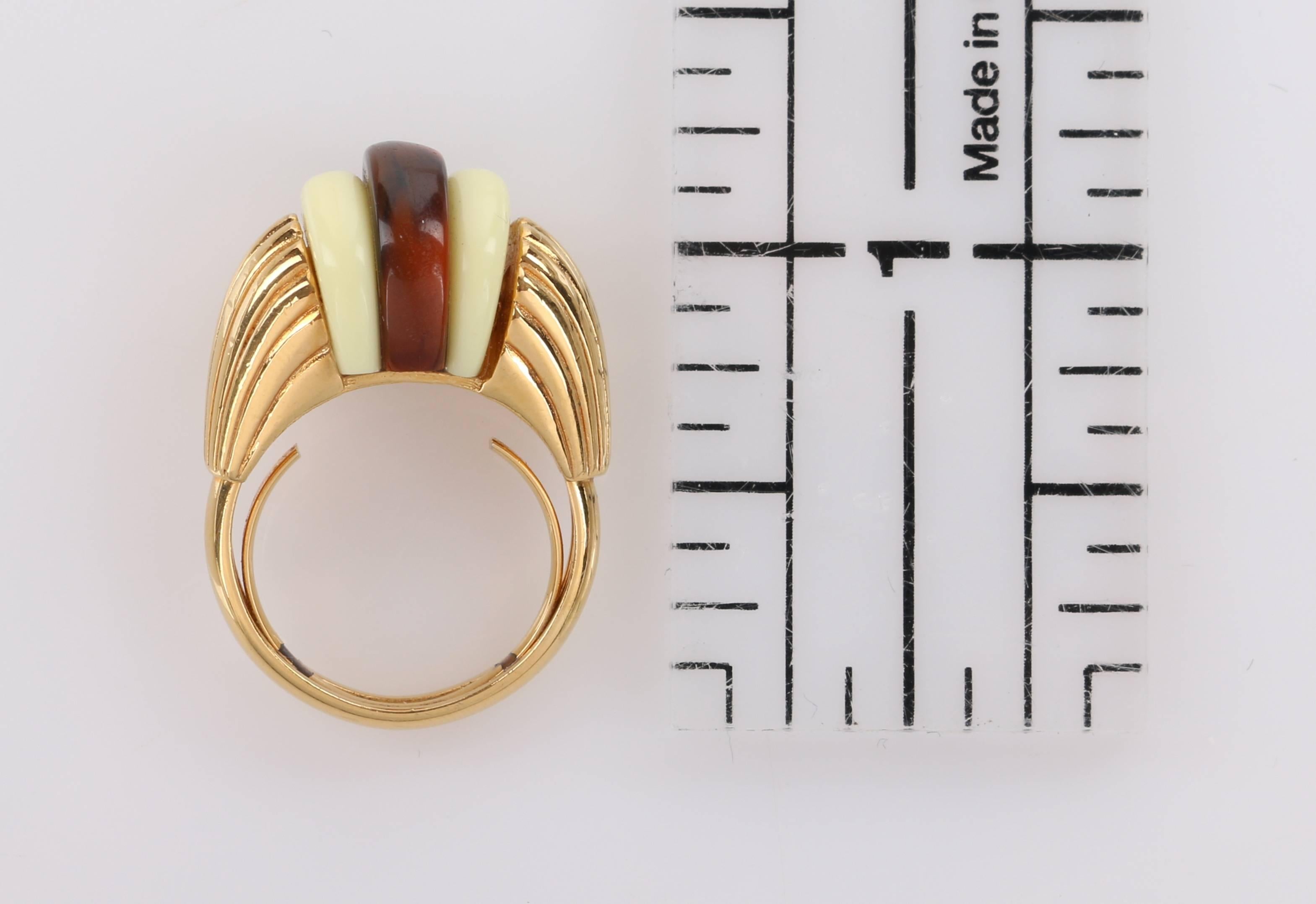 LANVIN c.1970's Ivory & Brown Tortoiseshell Gold Art Deco Dome Ring  5