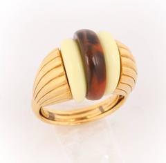LANVIN c.1970's Ivory & Brown Tortoiseshell Gold Art Deco Dome Ring