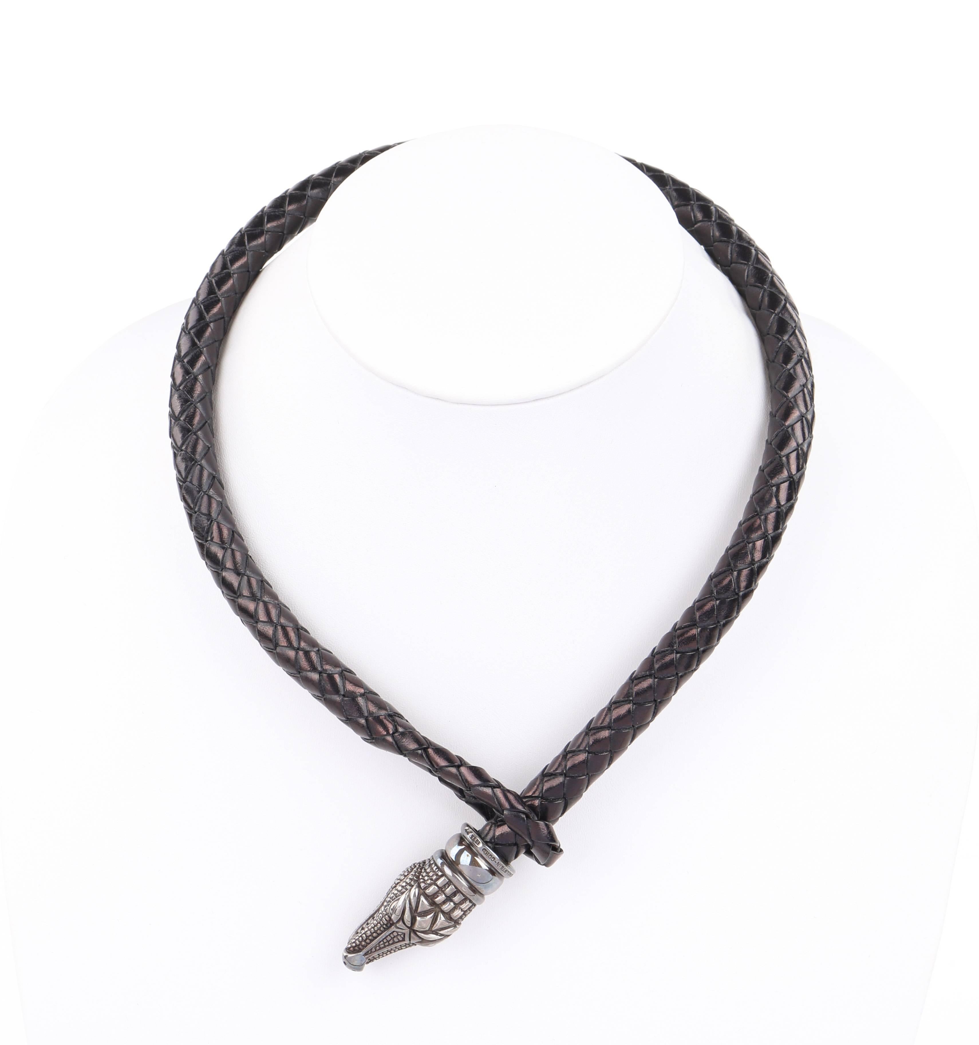 KIESELSTEIN-CORD c.1993 Braided Leather Sterling Silver Alligator Head Choker In Excellent Condition In Thiensville, WI