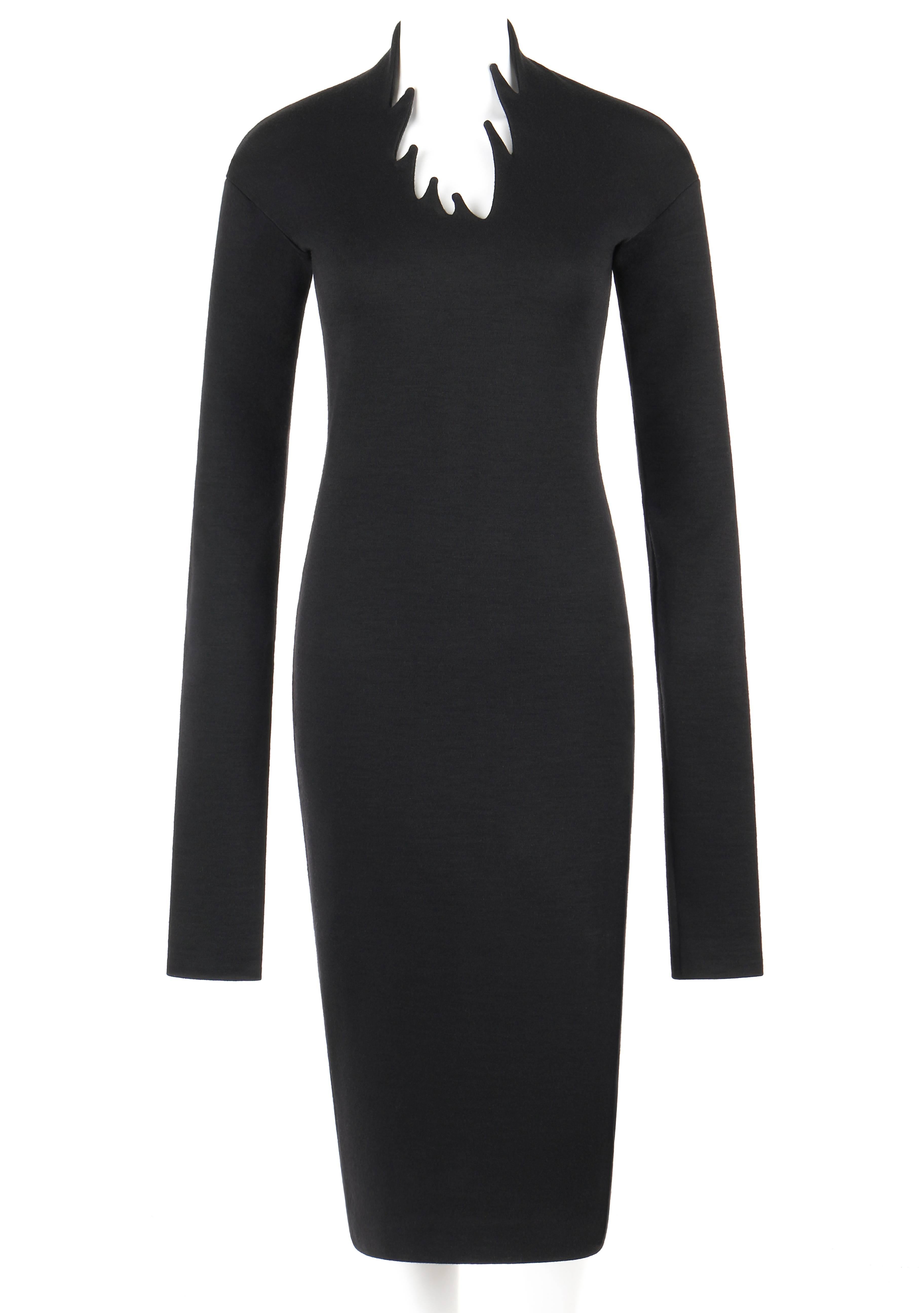 Vintage Romeo Gigli c.1980's black wool knit sheath dress. Extra long sleeves. Drop shoulder. Built up neckline with low cut jagged 