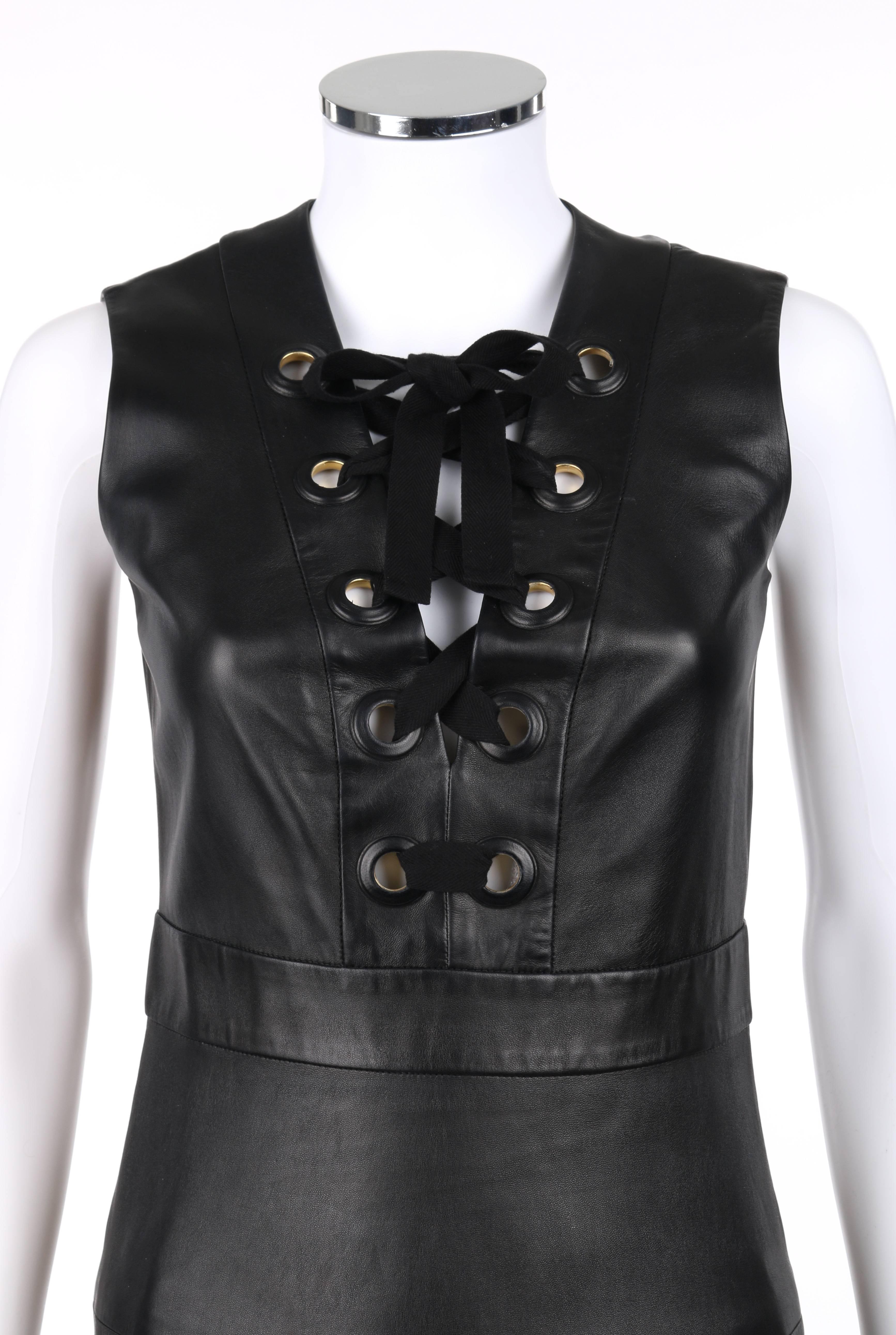 GUCCI S/S 2015 Black Napa Leather Lattice Lace Up Grommeted Sheath Dress 2