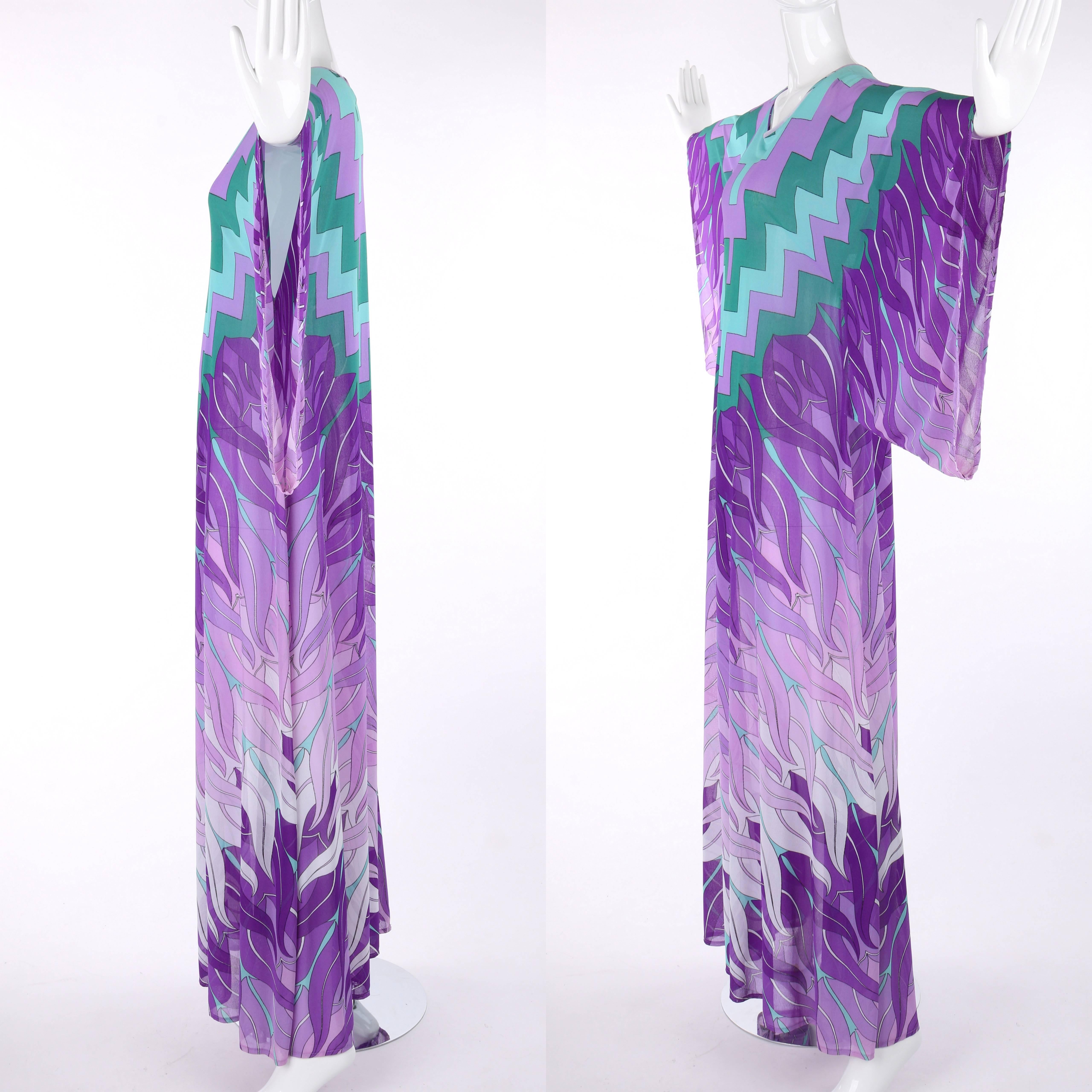 Purple GOTTEX c.1970's Geometric Botanical Print Beach Caftan Chiffon Kimono Dress