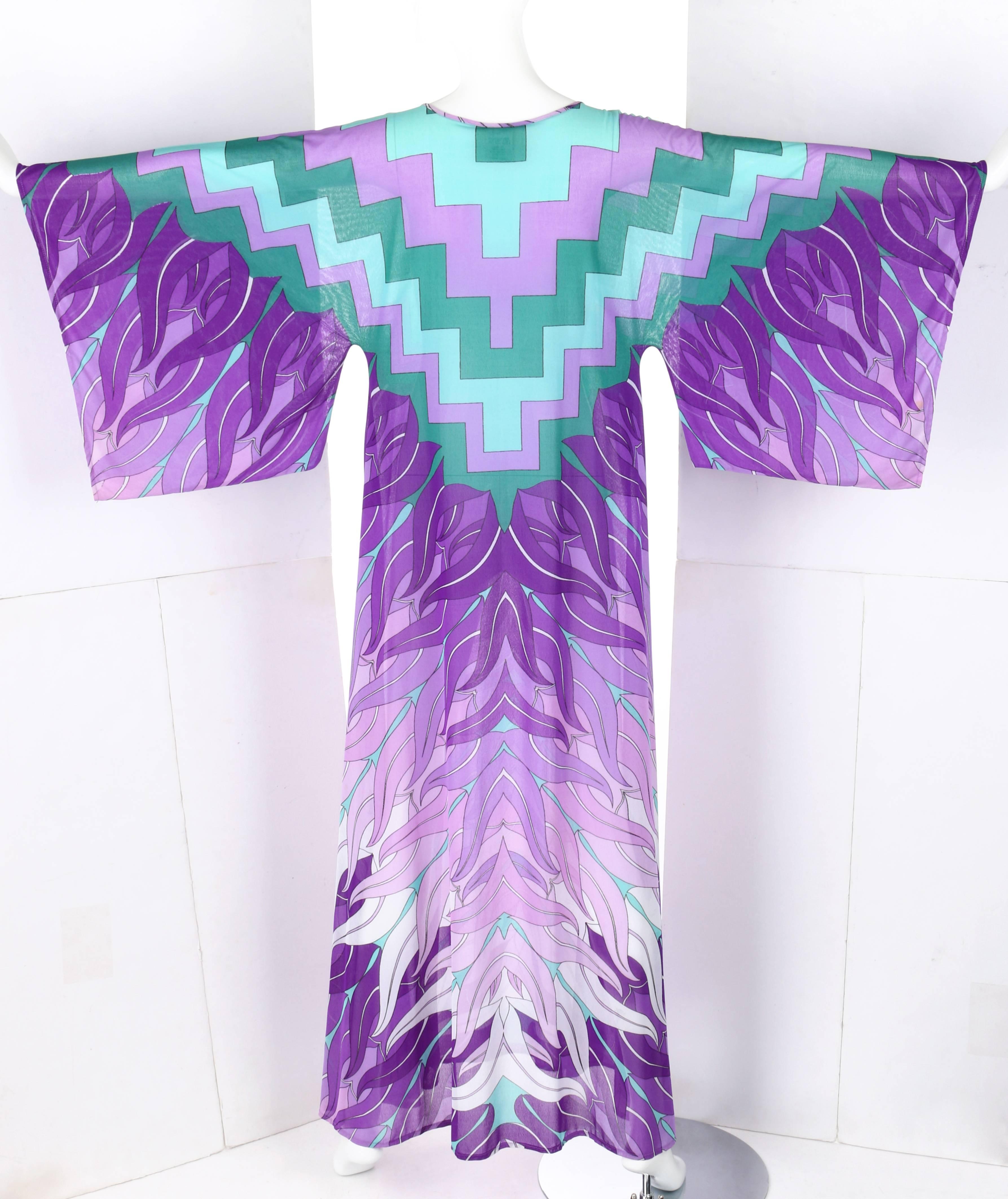 GOTTEX c.1970's Geometric Botanical Print Beach Caftan Chiffon Kimono Dress In Excellent Condition In Thiensville, WI