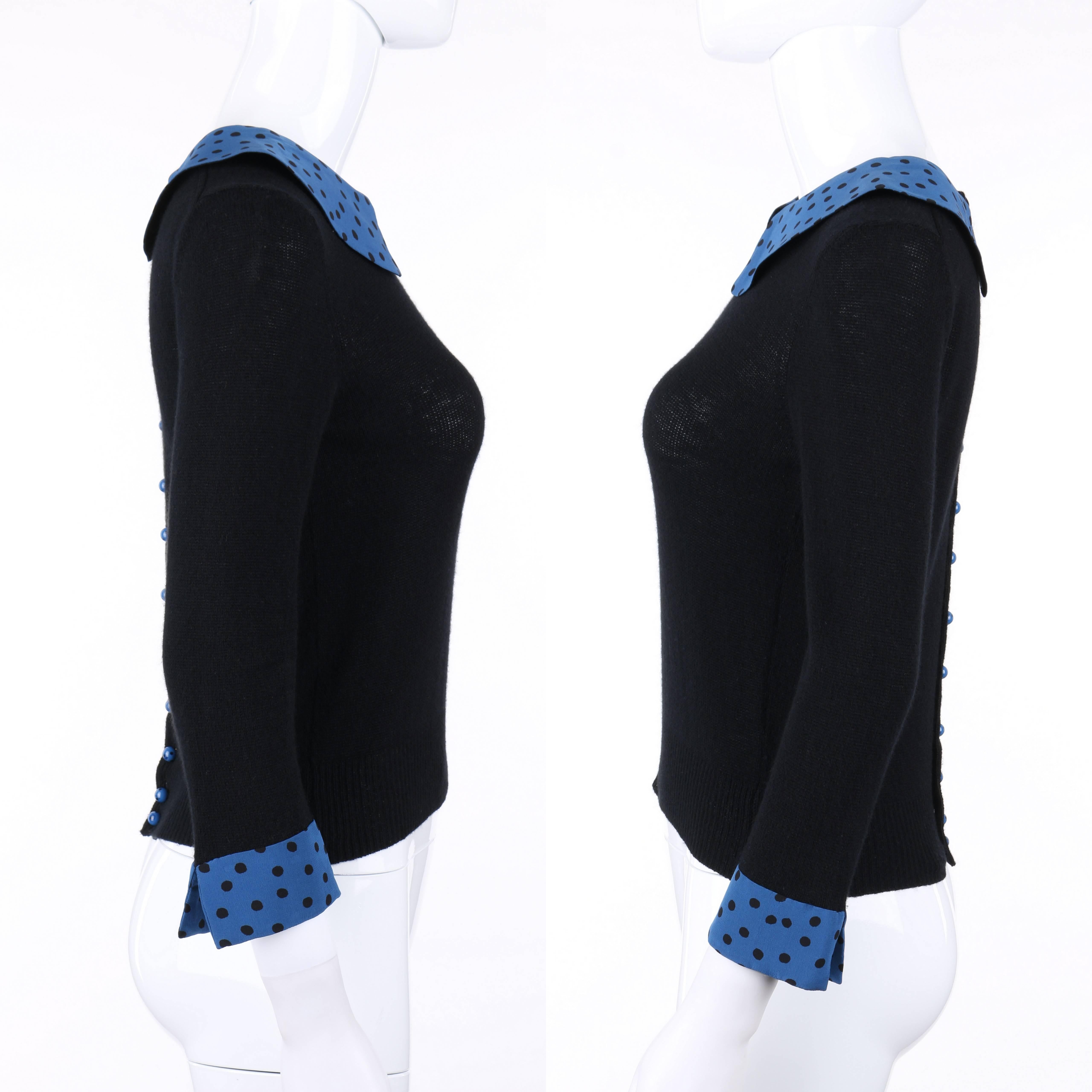 LOUIS VUITTON S/S 2005 Black & Blue Polkadot Cashmere Silk Button Back Sweater In Excellent Condition In Thiensville, WI