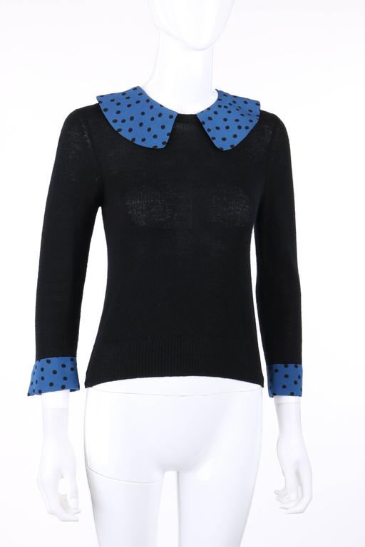 LOUIS VUITTON S/S 2005 Black and Blue Polkadot Cashmere Silk Button Back Sweater at 1stdibs