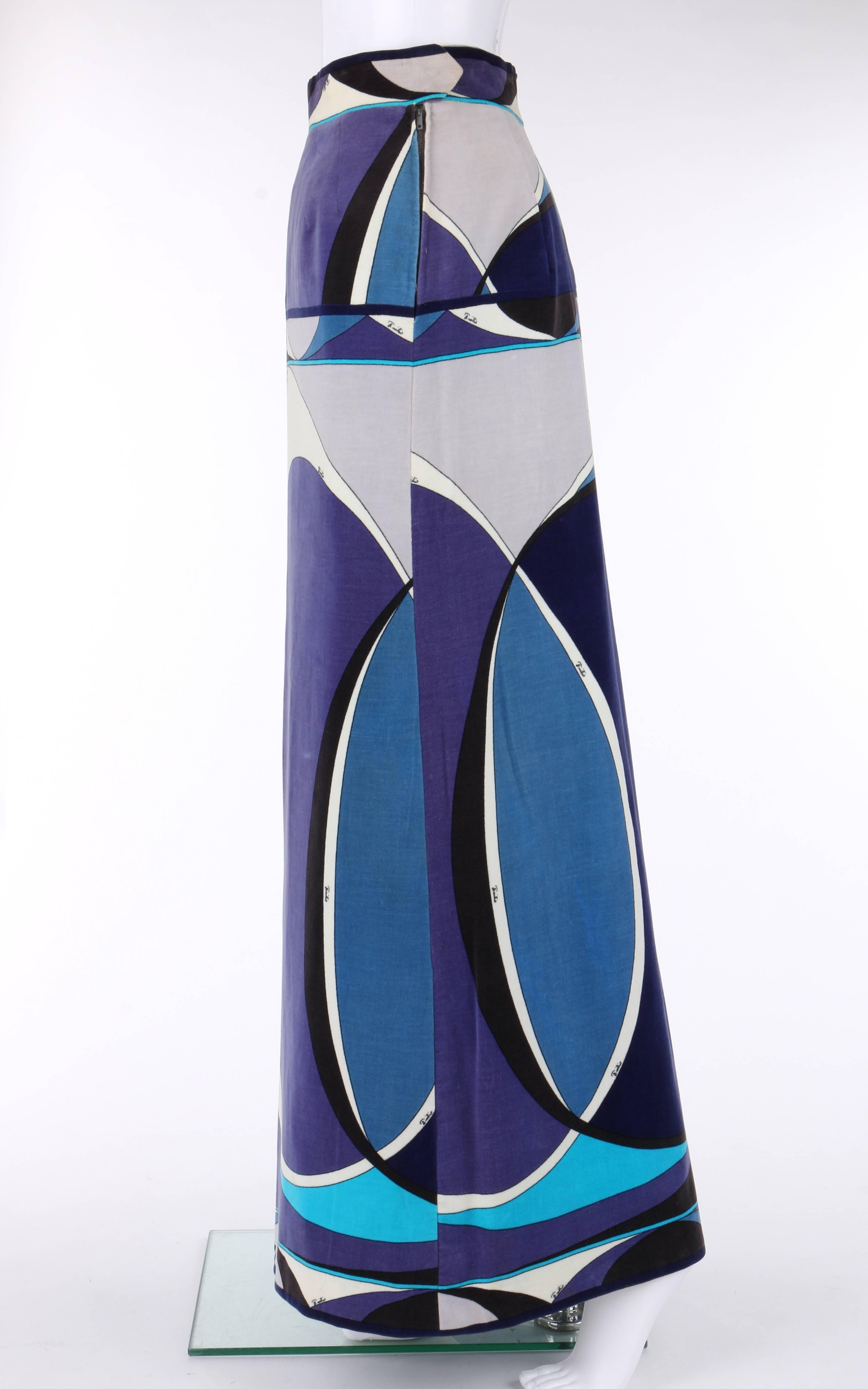 EMILIO PUCCI c.1960's Blue Velvet Signature Windowpane Print Maxi Skirt In Excellent Condition In Thiensville, WI
