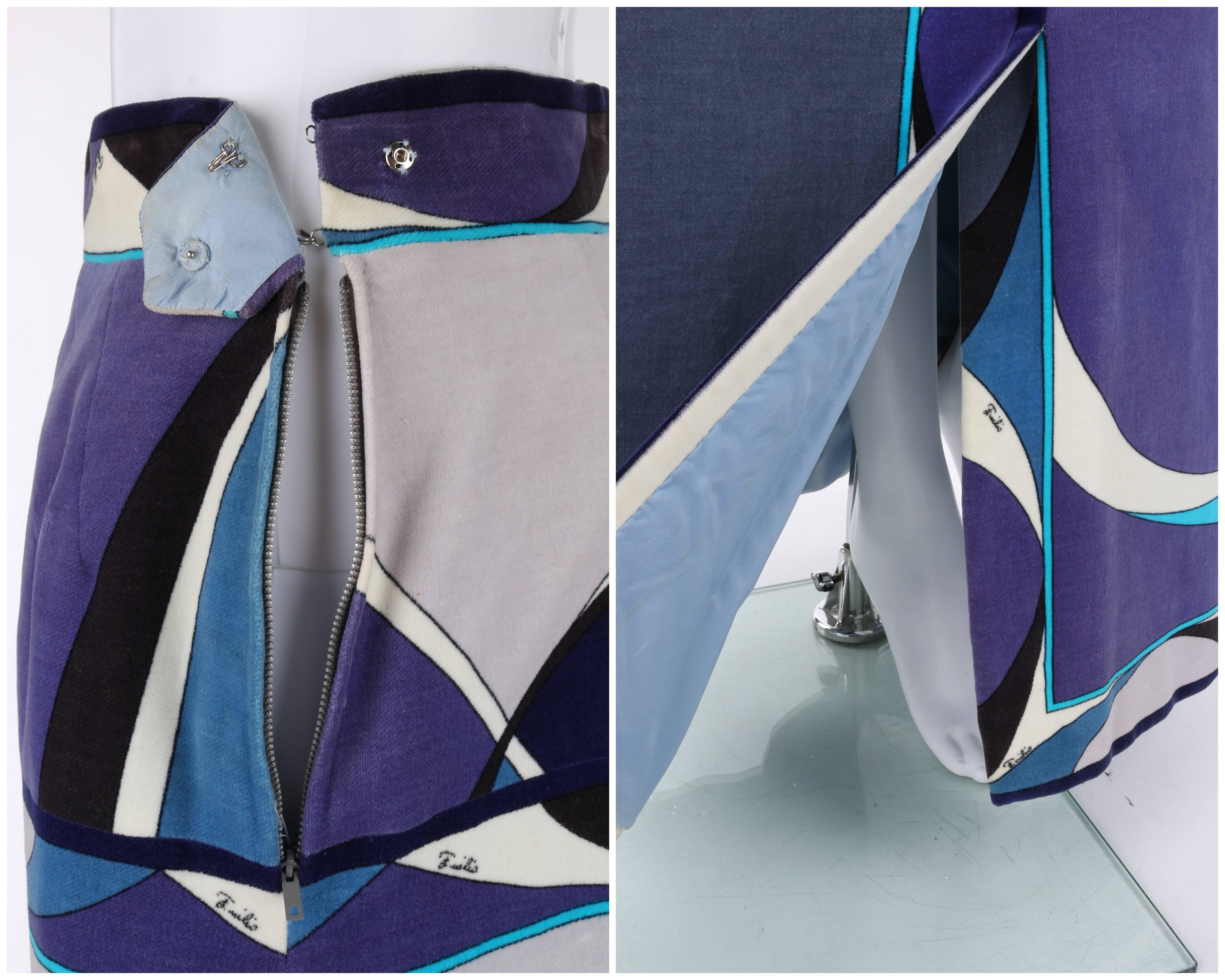 EMILIO PUCCI c.1960's Blue Velvet Signature Windowpane Print Maxi Skirt 1