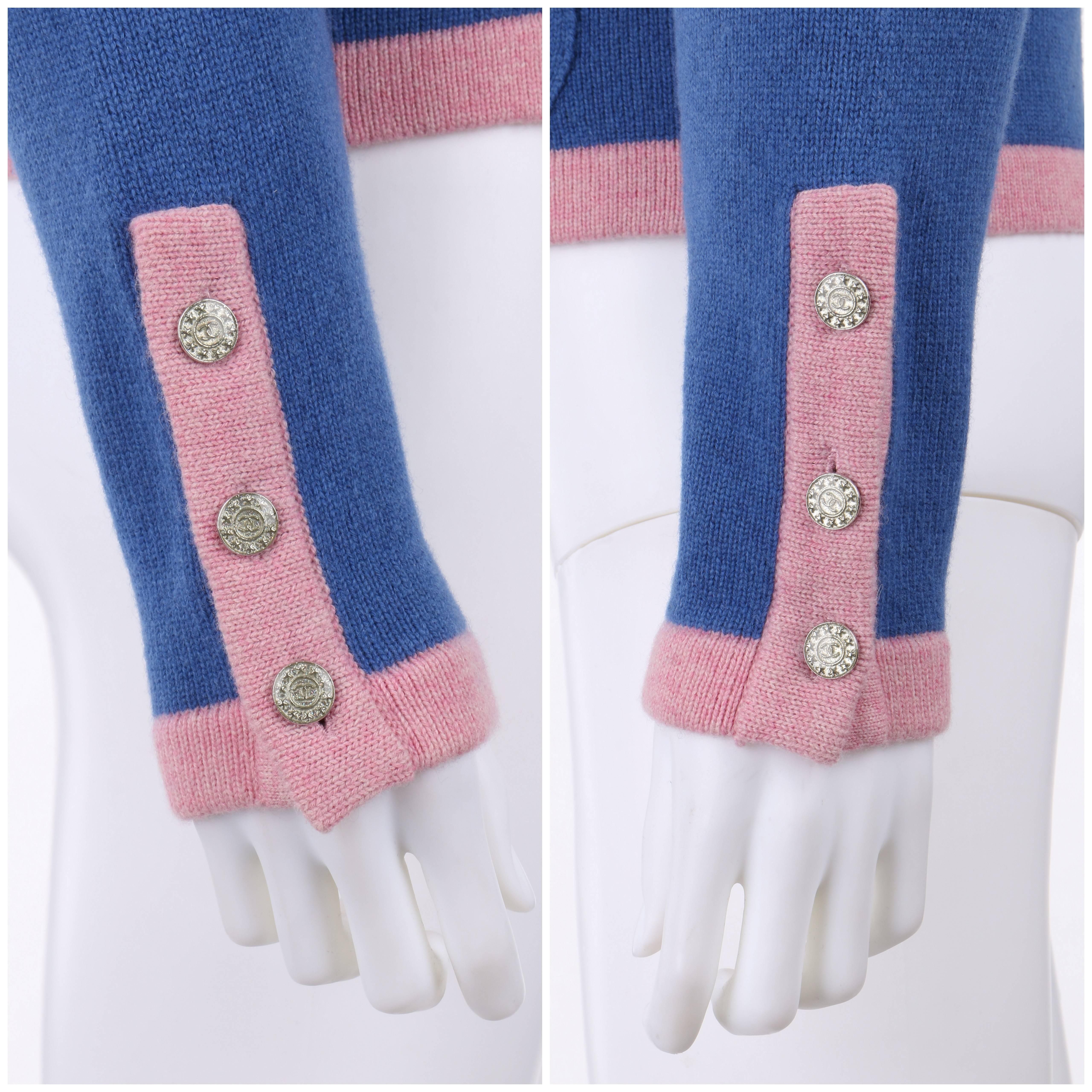 Women's CHANEL S/S 2013 True Blue & Pink Four Pocket Cashmere Bi-color Classic Cardigan