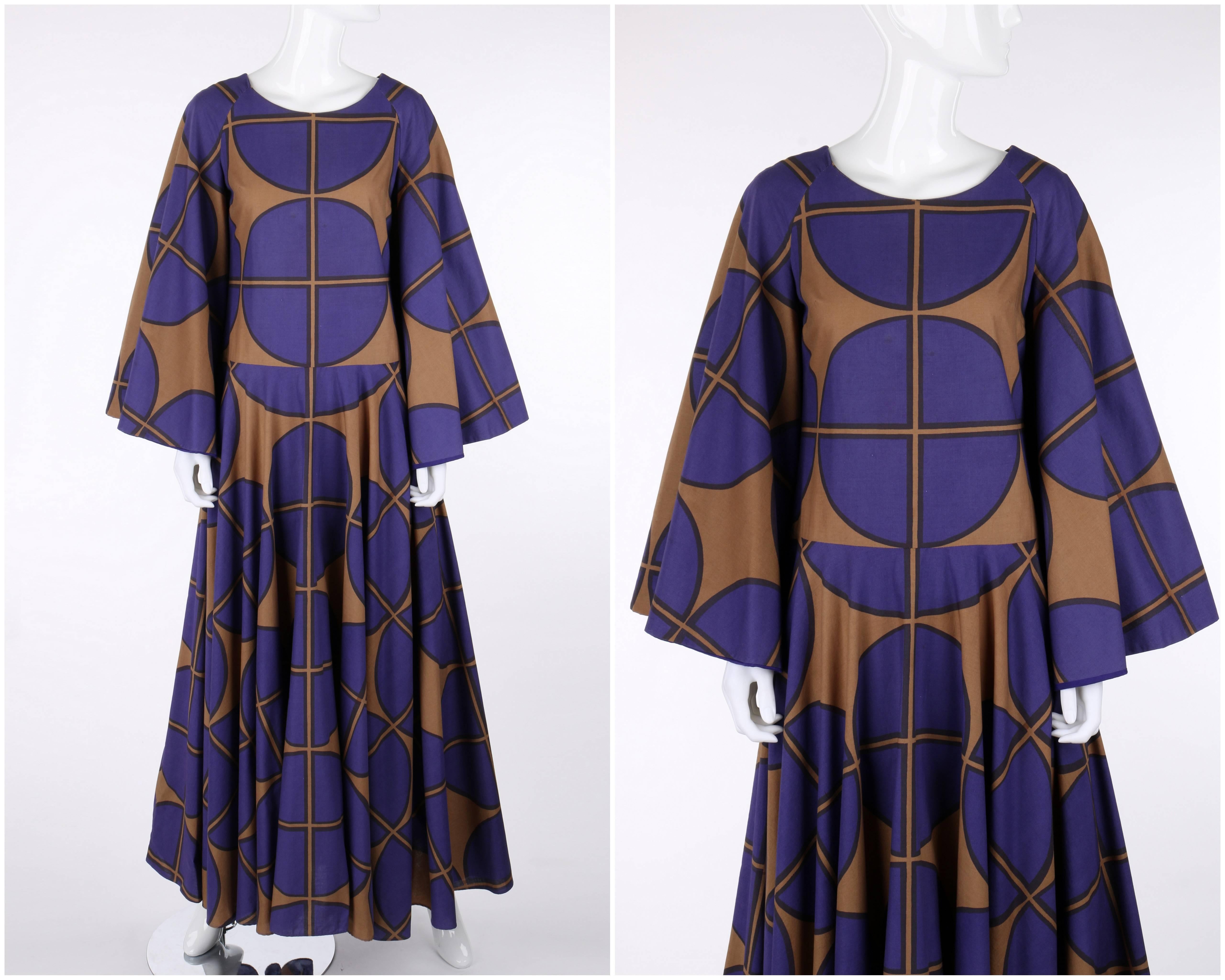 MARIMEKKO c.1971 Purple & Brown Cotton Circle Windowpane Print Maxi Dress In Good Condition In Thiensville, WI