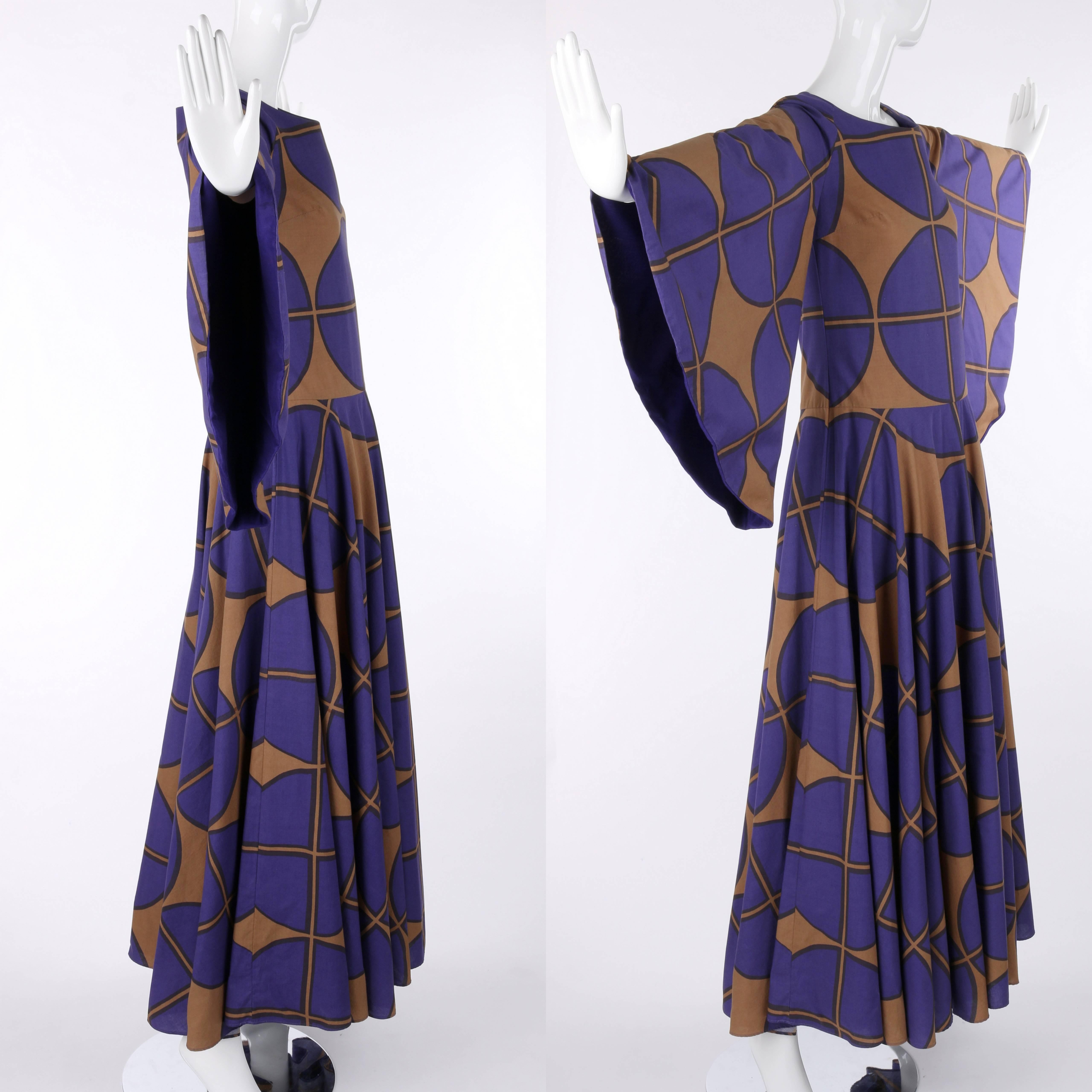 Women's MARIMEKKO c.1971 Purple & Brown Cotton Circle Windowpane Print Maxi Dress