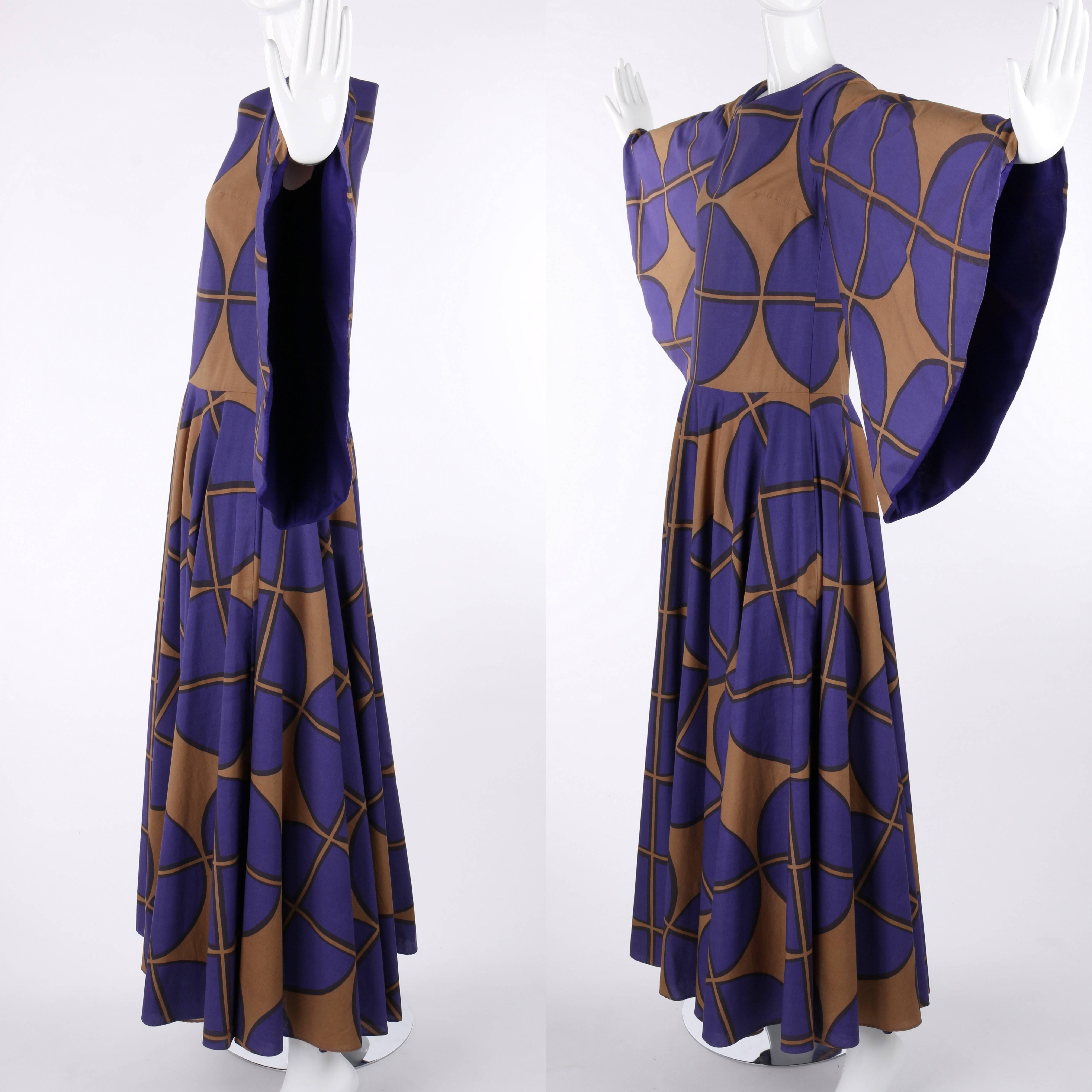 MARIMEKKO c.1971 Purple & Brown Cotton Circle Windowpane Print Maxi Dress 2