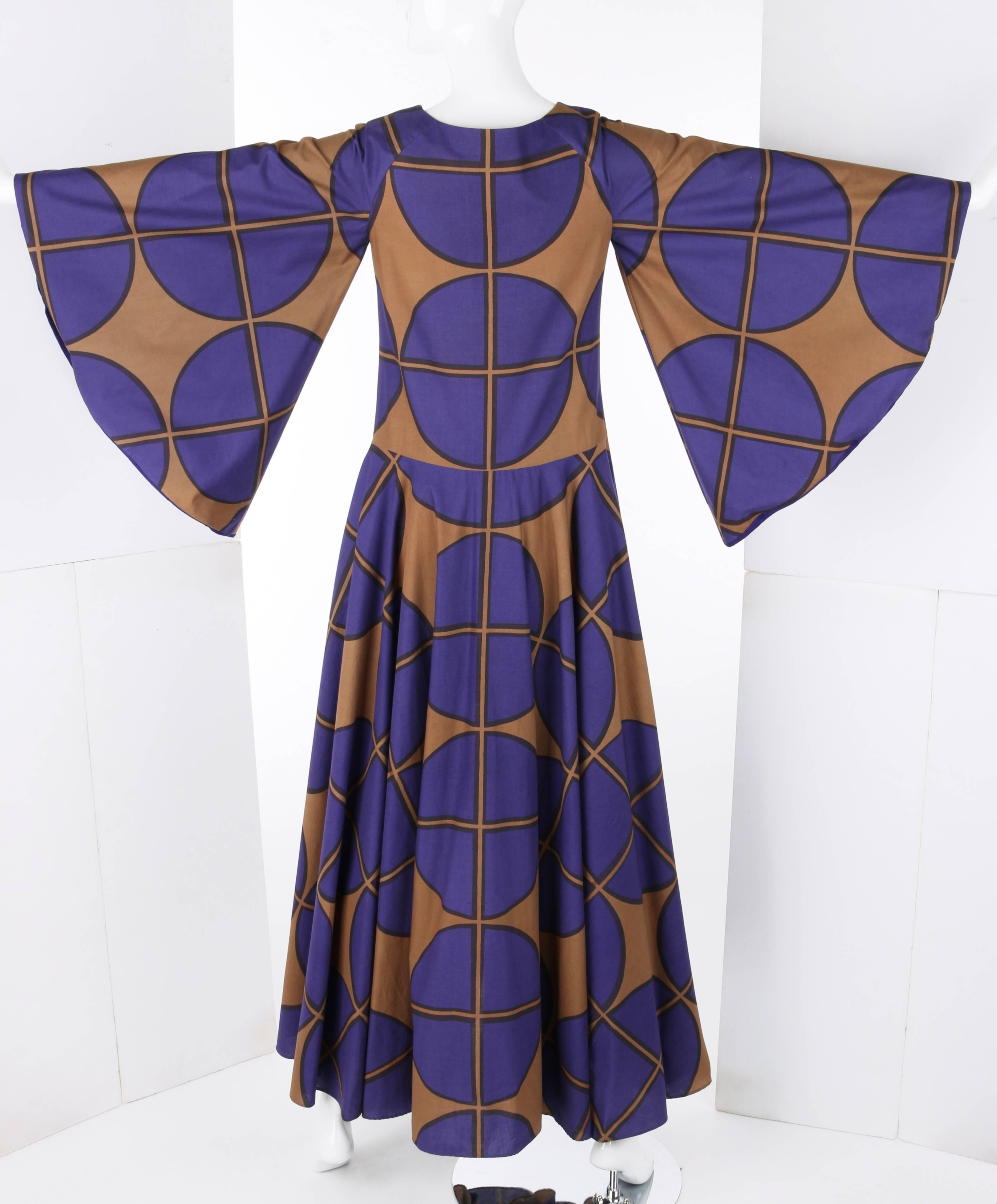 MARIMEKKO c.1971 Purple & Brown Cotton Circle Windowpane Print Maxi Dress 1