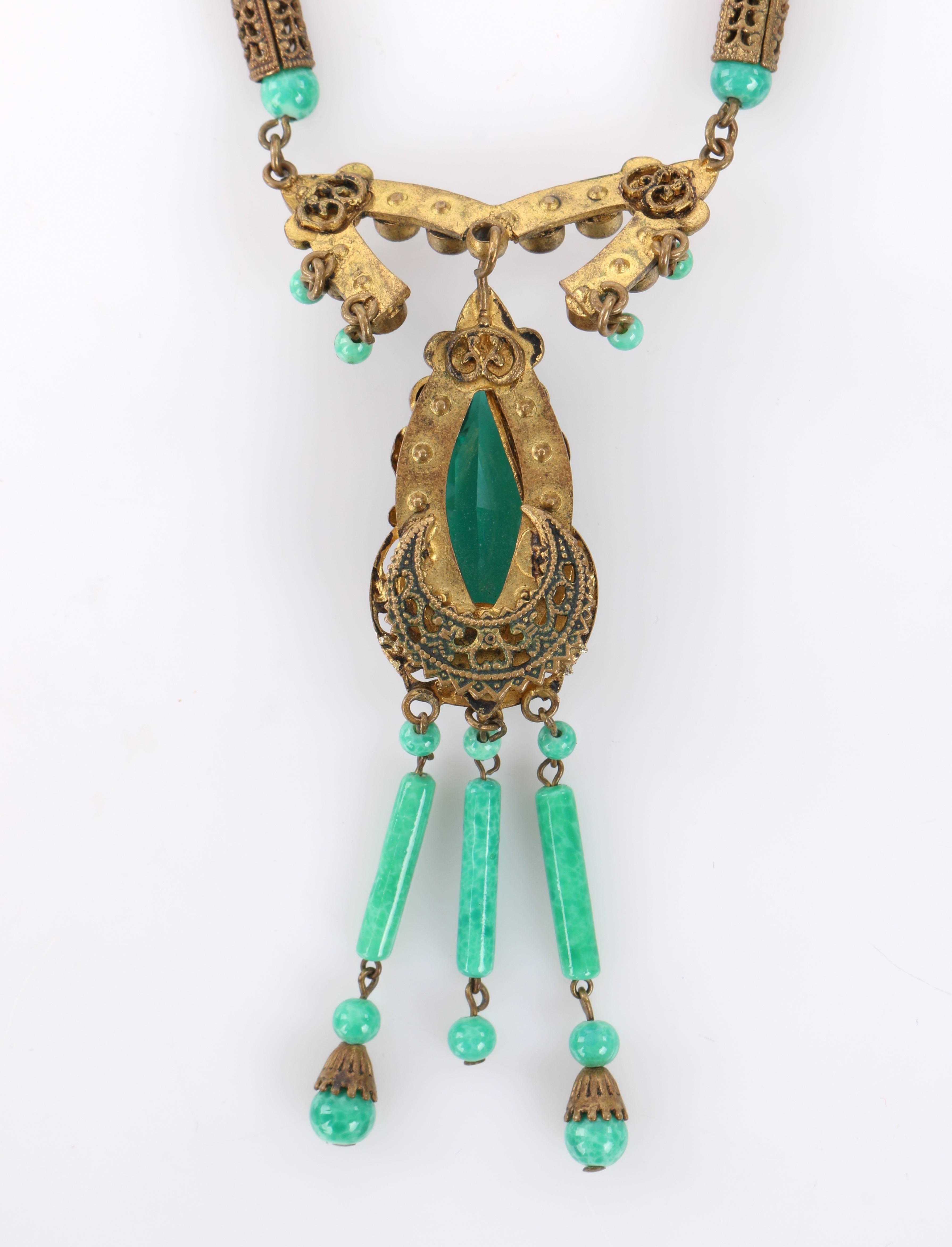 ART DECO c.1920's Ornamental Brass Jade Czech Peking Glass Pendant Necklace 1