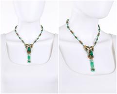 ART DECO c.1920's Ornamental Brass Jade Czech Peking Glass Pendant Necklace