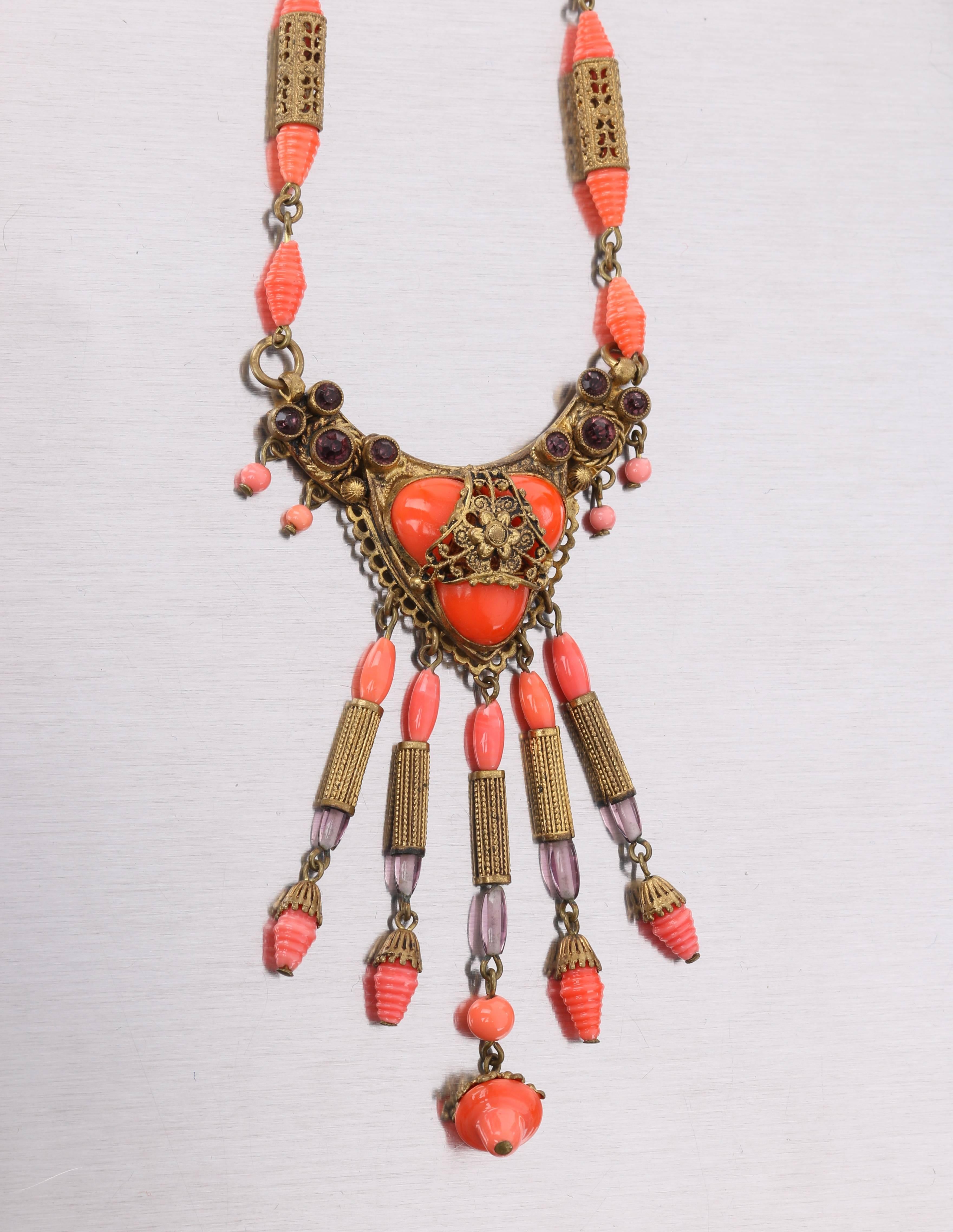 Women's ART NOUVEAU c.1920's Ornamental Brass Purple Coral Czech Glass Pendant Necklace