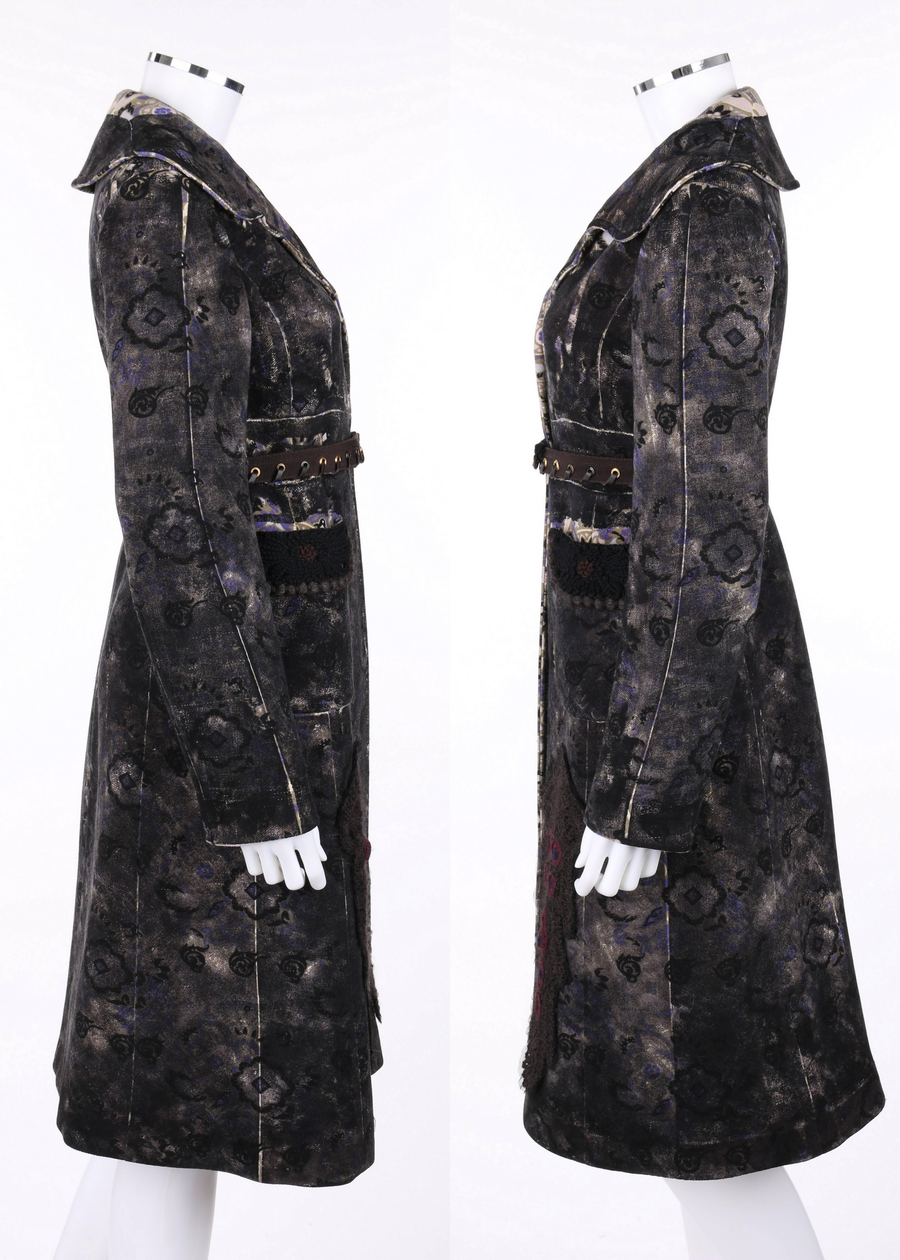 PRADA A/W 2005 Charcoal Gray Floral Print Crochet Applique Princess Coat + Belt In Excellent Condition In Thiensville, WI