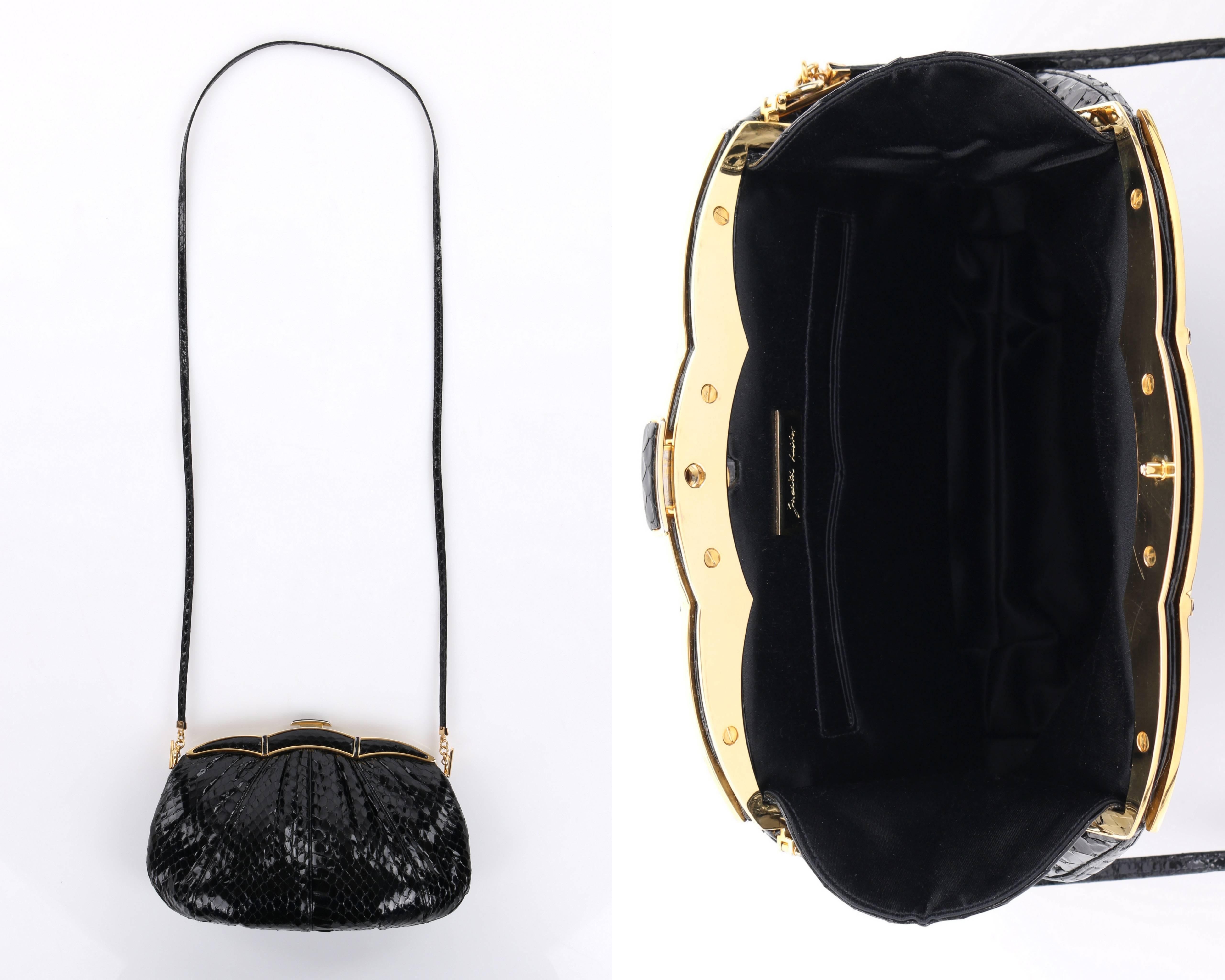 Women's JUDITH LEIBER c.1980's Black Snakeskin Gold Scalloped Frame Evening Bag Purse