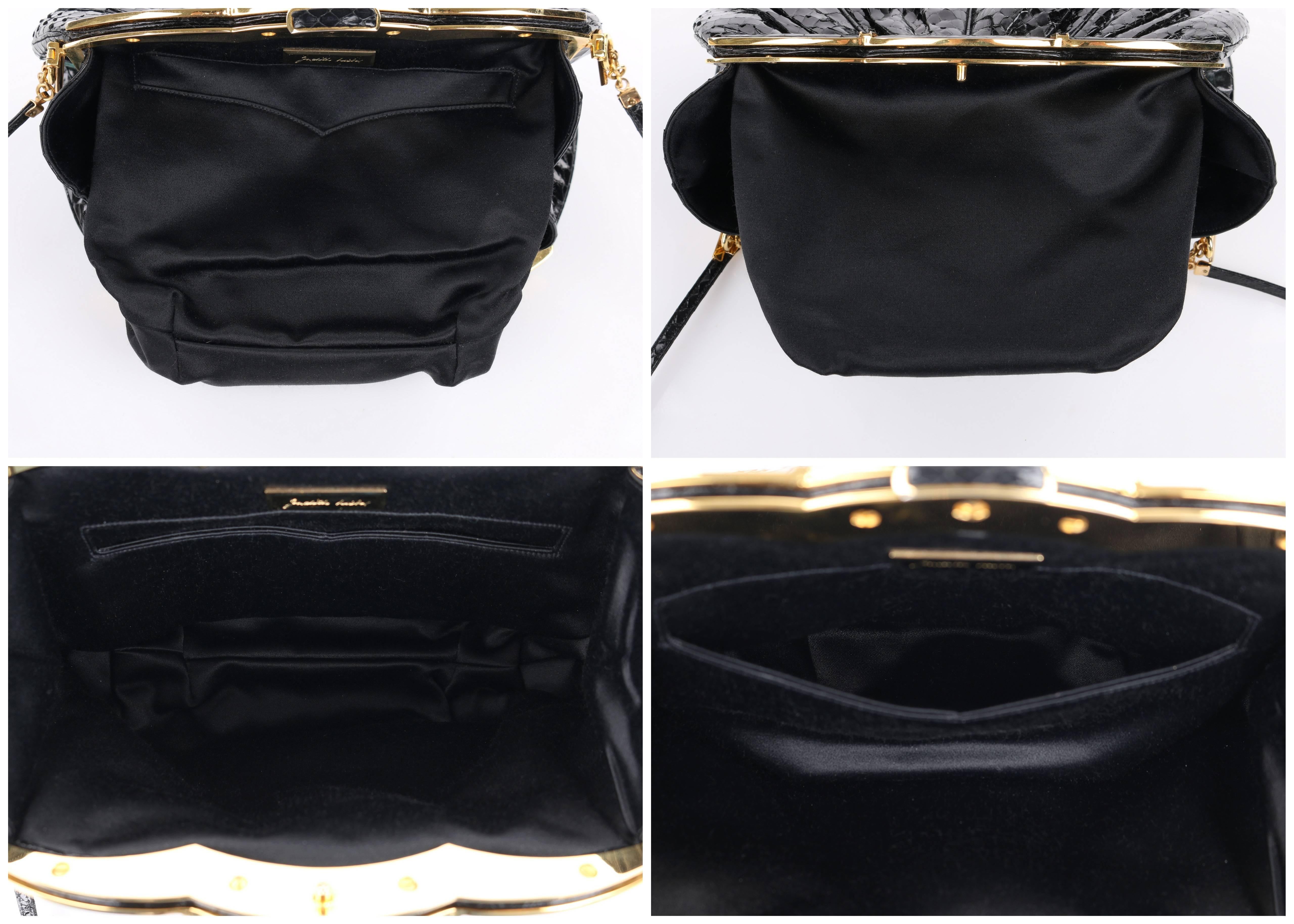 JUDITH LEIBER c.1980's Black Snakeskin Gold Scalloped Frame Evening Bag Purse 3