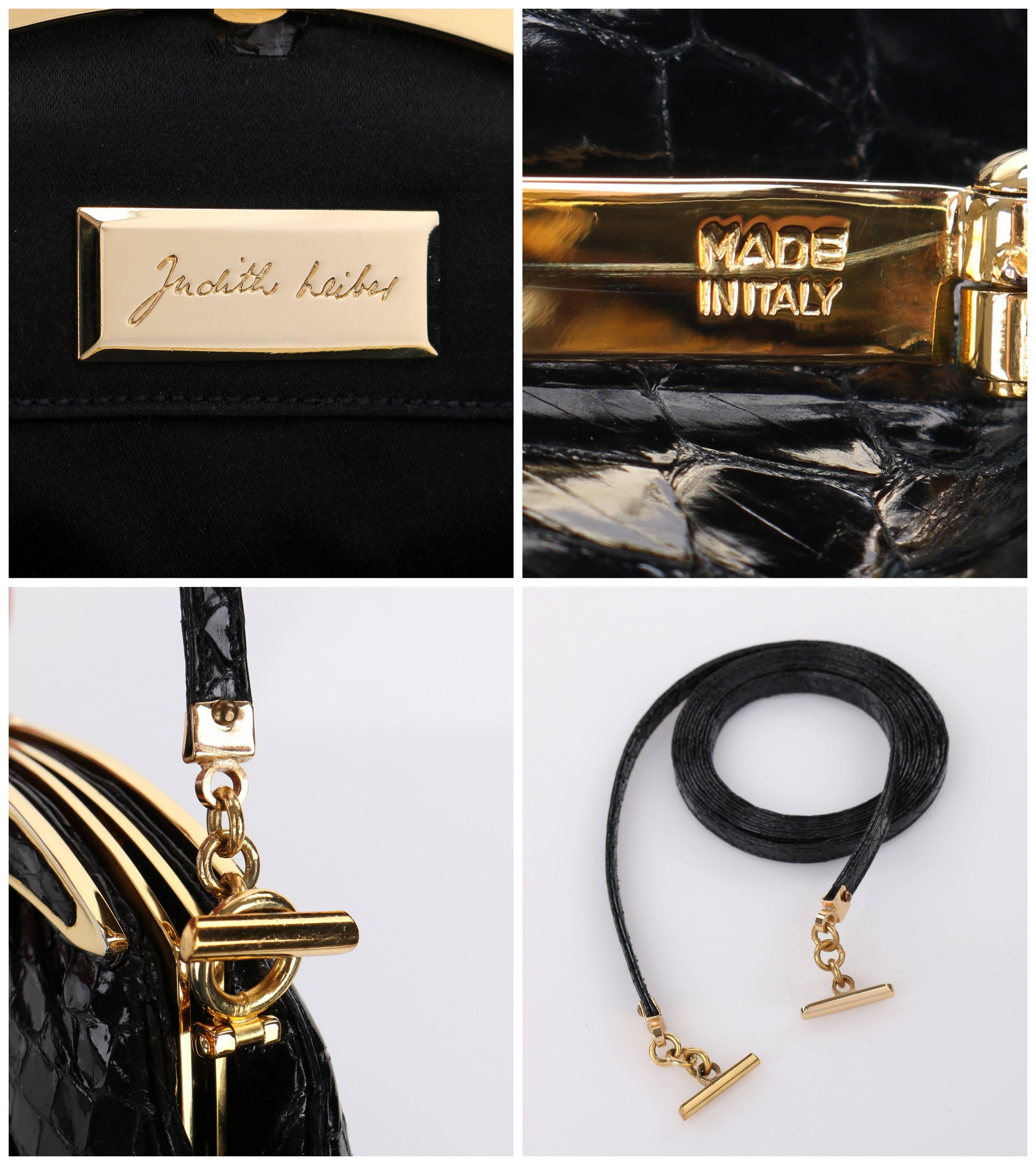 JUDITH LEIBER c.1980's Black Snakeskin Gold Scalloped Frame Evening Bag Purse 4