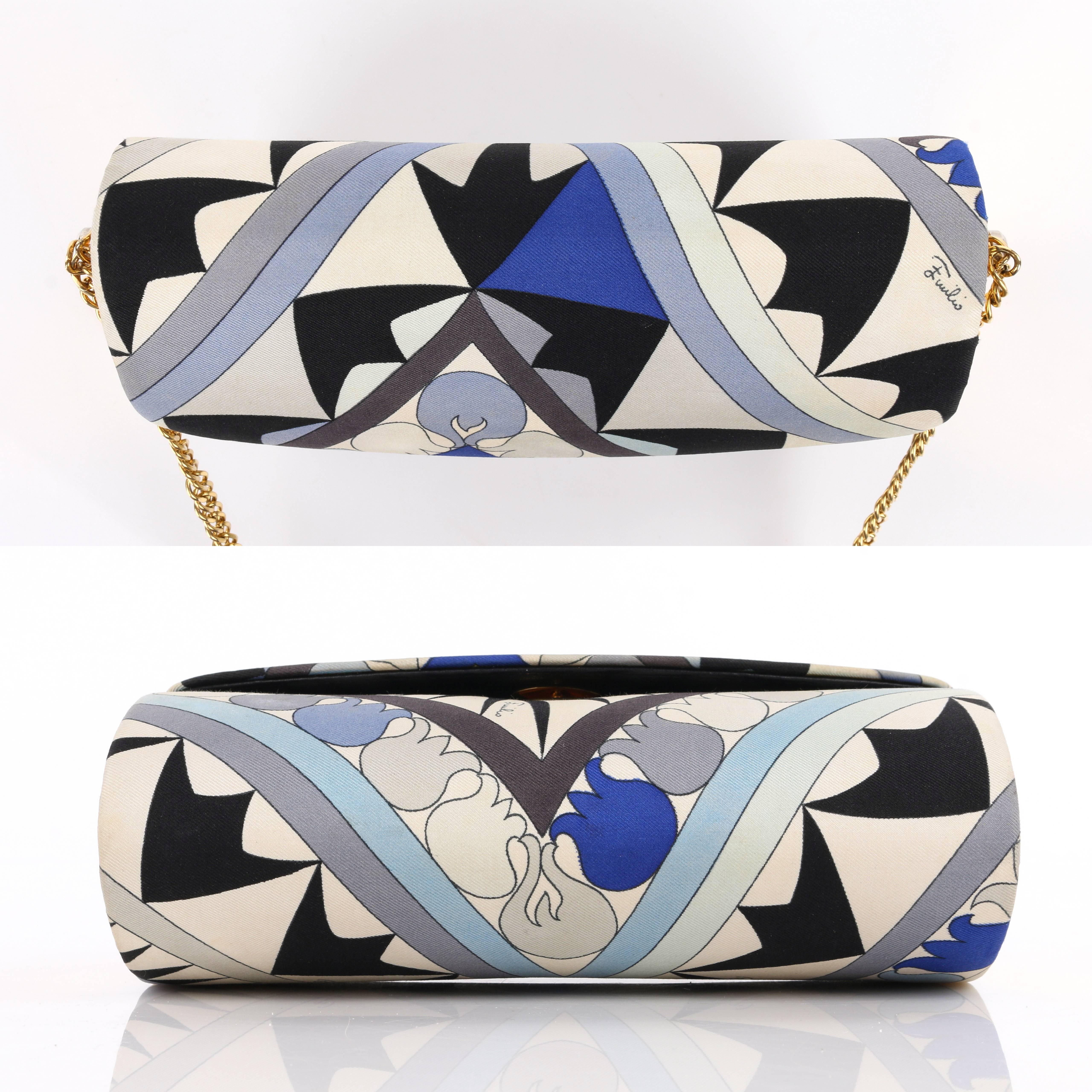 Beige EMILIO PUCCI c.1960's Blue Floral Signature Print Silk Cylindrical Purse