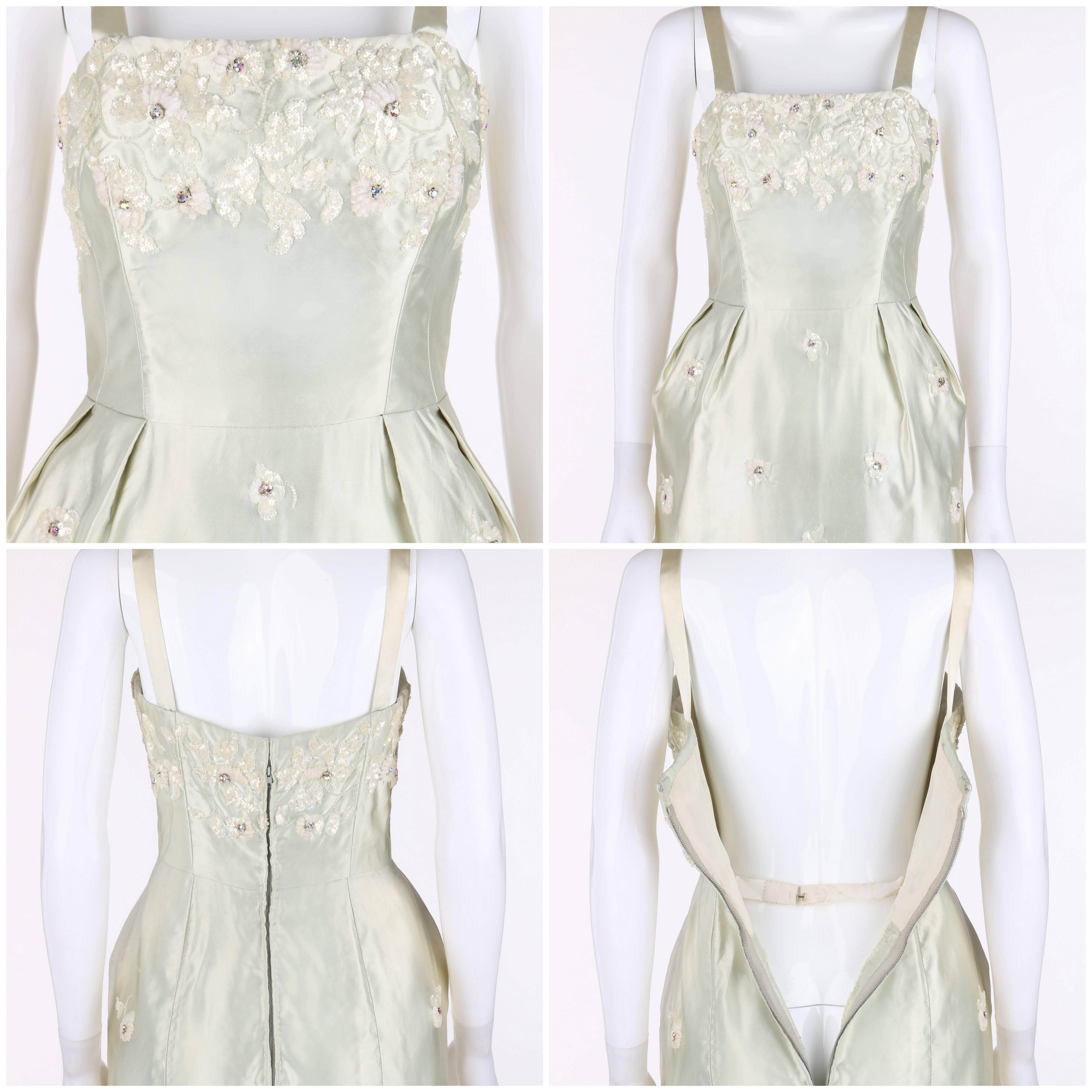 GIVENCHY c.1960's Haute Couture Soft Green Silk Satin Floral Evening Gown In Excellent Condition In Thiensville, WI