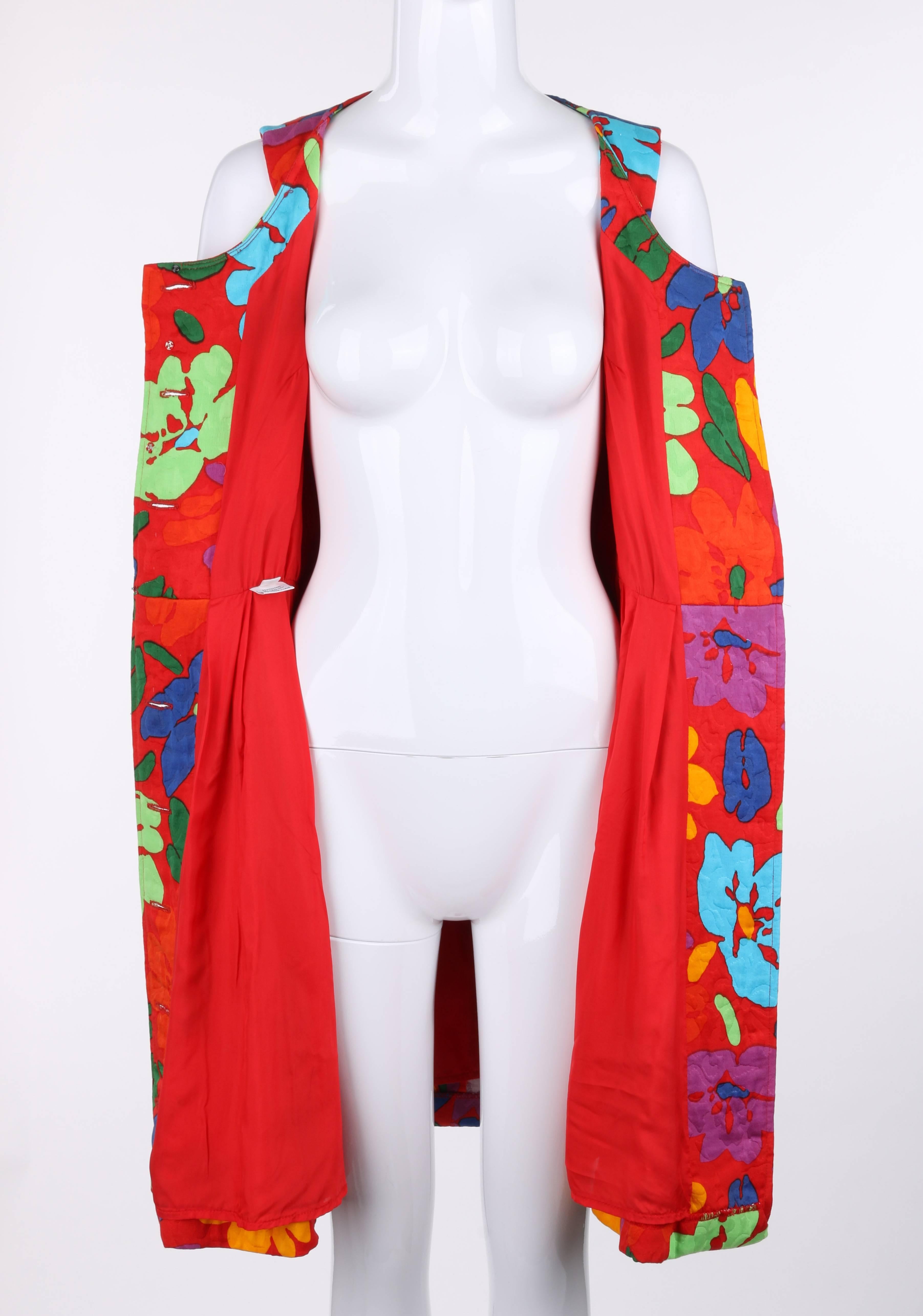 OSCAR DE LA RENTA c.1990's Red Multicolor Floral Print Button Front Day Dress 2