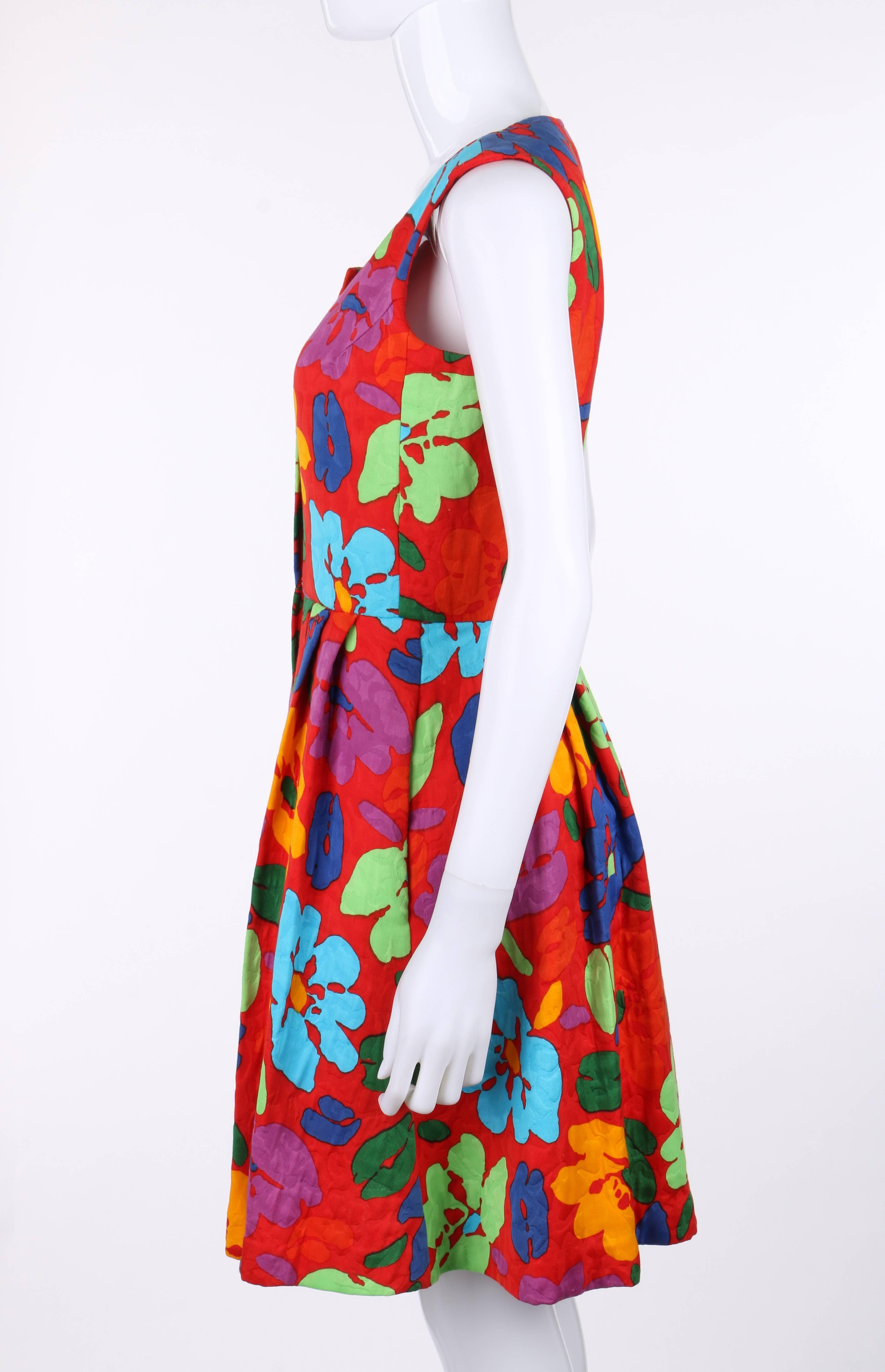 Women's or Men's OSCAR DE LA RENTA c.1990's Red Multicolor Floral Print Button Front Day Dress