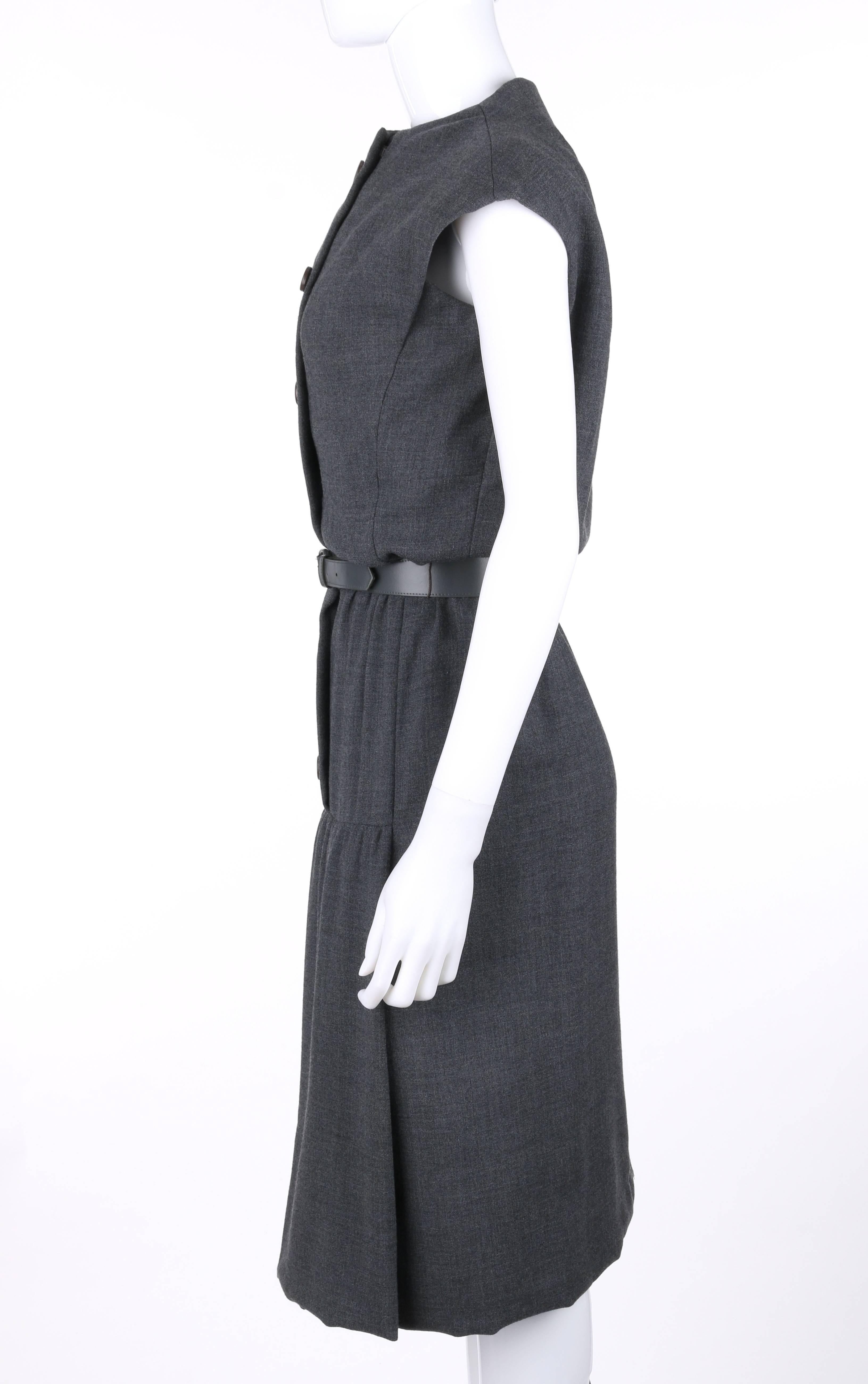 Women's GEOFFREY BEENE c.1960's Gray Wool Button Front Belted Shift Dress