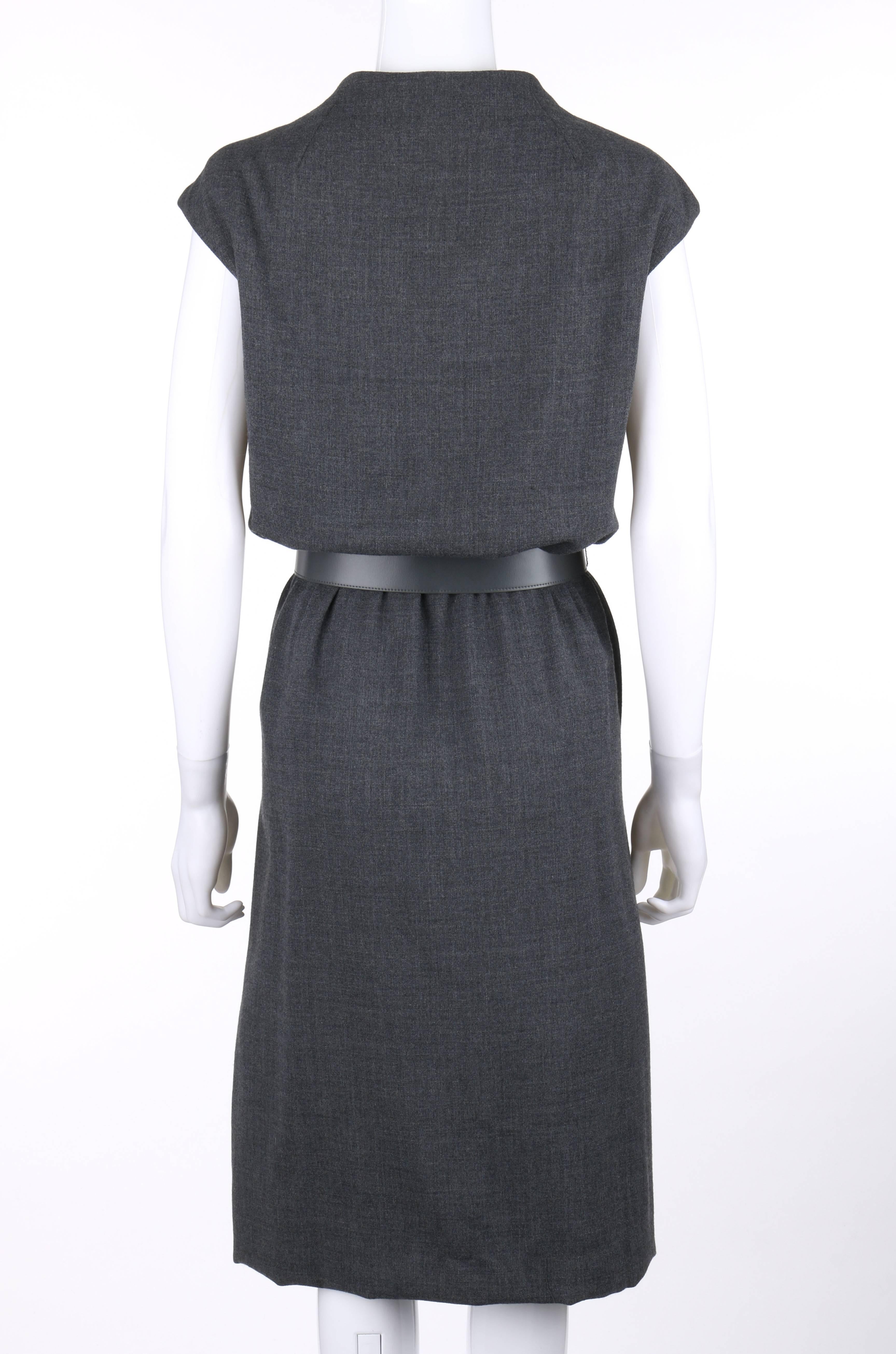 GEOFFREY BEENE c.1960's Gray Wool Button Front Belted Shift Dress In Excellent Condition In Thiensville, WI