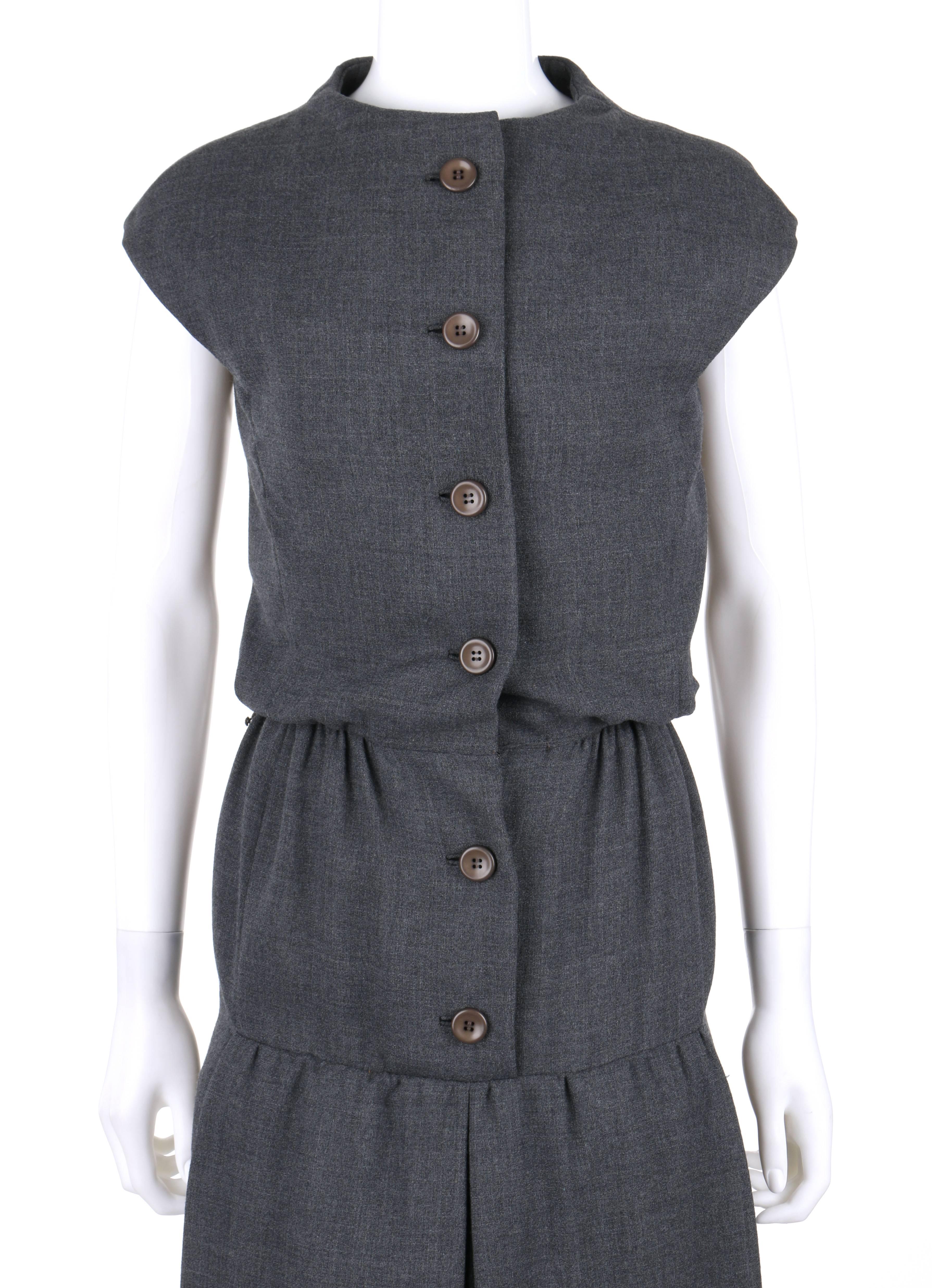 GEOFFREY BEENE c.1960's Gray Wool Button Front Belted Shift Dress 1
